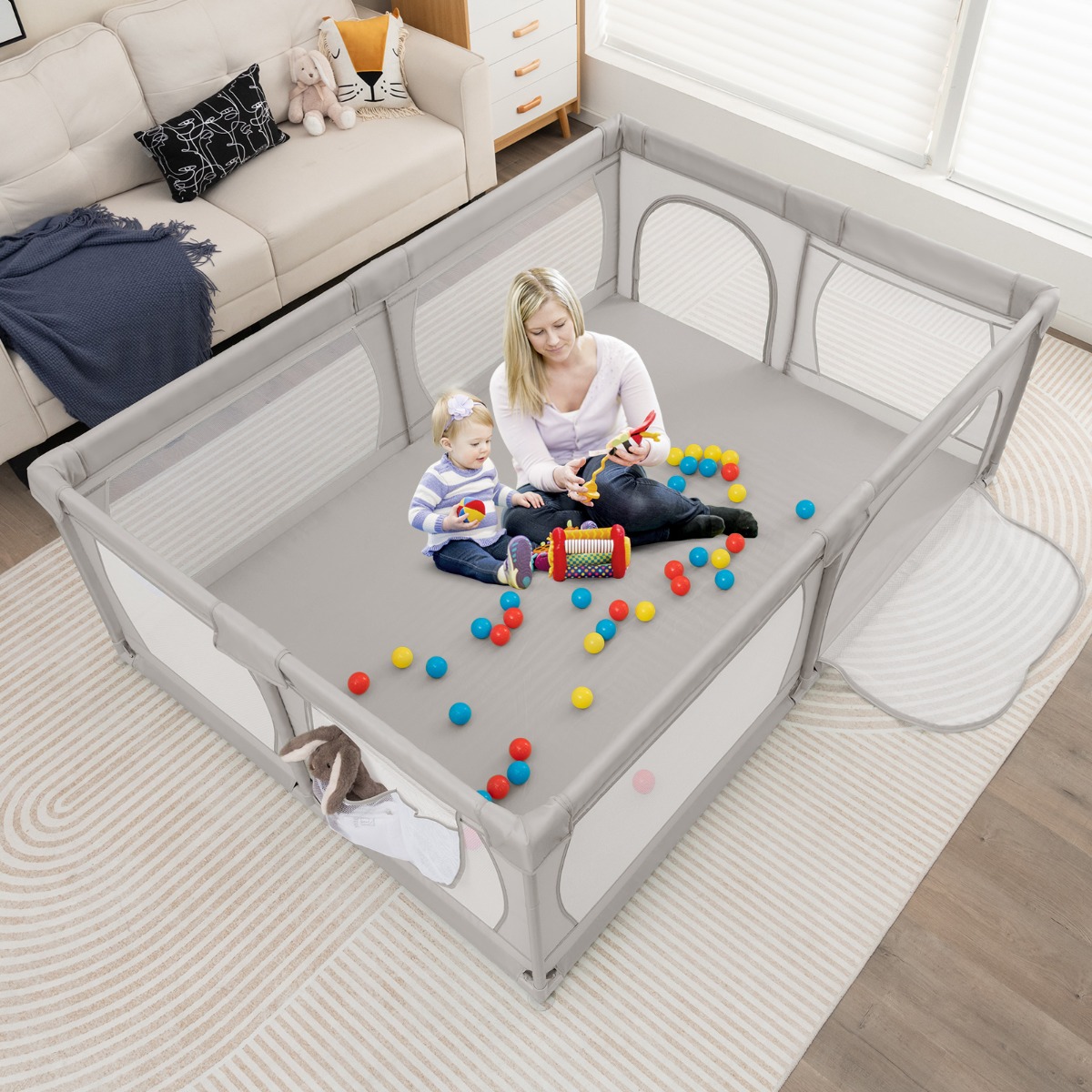 Laufgitter Baby Laufstall mit 50 Bällen & 2 Türen & Atmungsaktivem Netz Laufgitterzelt 205 x 147 cm Grau