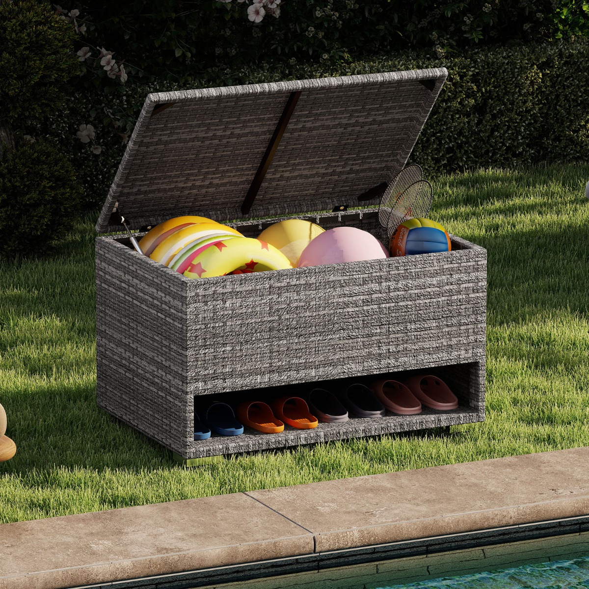 Gartenbox mit Schuhregal Polyrattan Auflagenbox Wetterfest mit Schutzliner & Deckel 186L 95 x 60 x 58 cm Grau