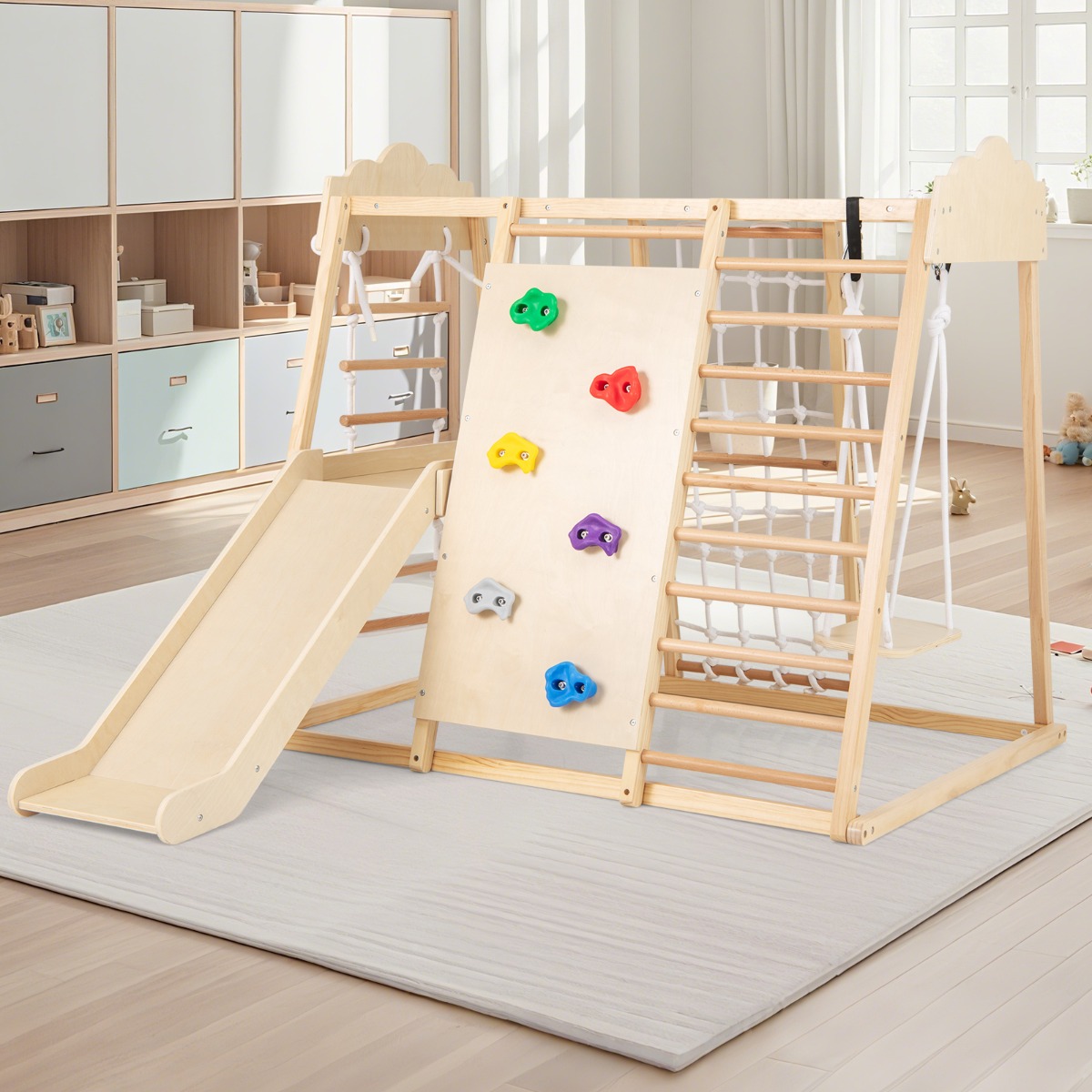 8-in-1 Dschungel-Gymnastikset hölzerne Montessori-Kletterspielzeuge mit Kletterstangen Natur