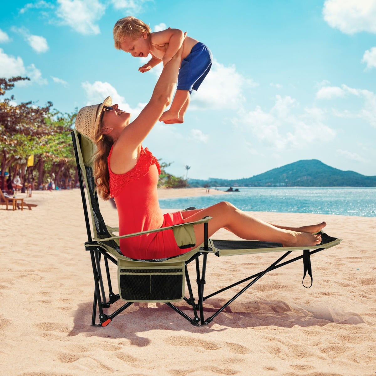 Campingstuhl mit Abnehmbarer Fußablage & Verstellbarer Rückenlehne & Kopfstütze Angelstuhl Khaki