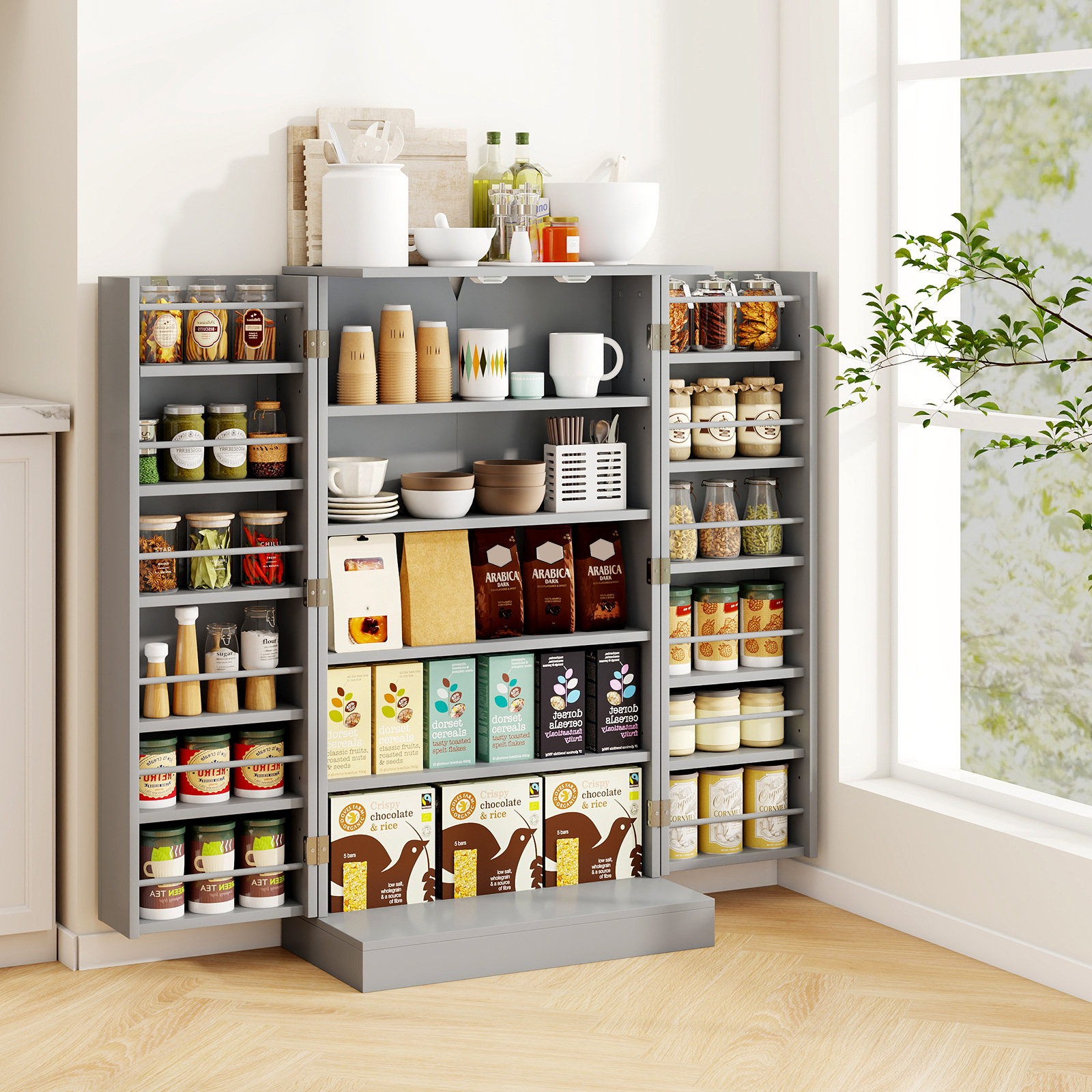 104 cm hohes Vorratsschrank Küchenschrank mit Türen & verstellbaren Regalen freistehendes Buffet-Sideboard Grau