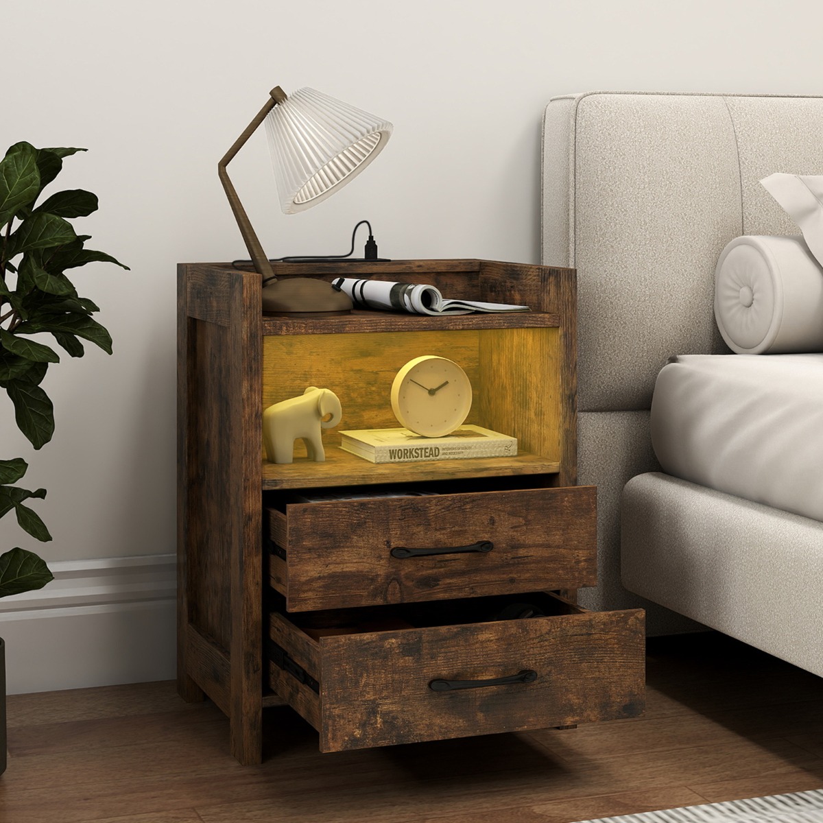 Nachttisch mit LED-Lichtern & Ladestation Nachtschrank mit 2 Schubladen & offenem Ablagefach Beistelltisch Rustikal Braun 45 x 35 x 60 cm