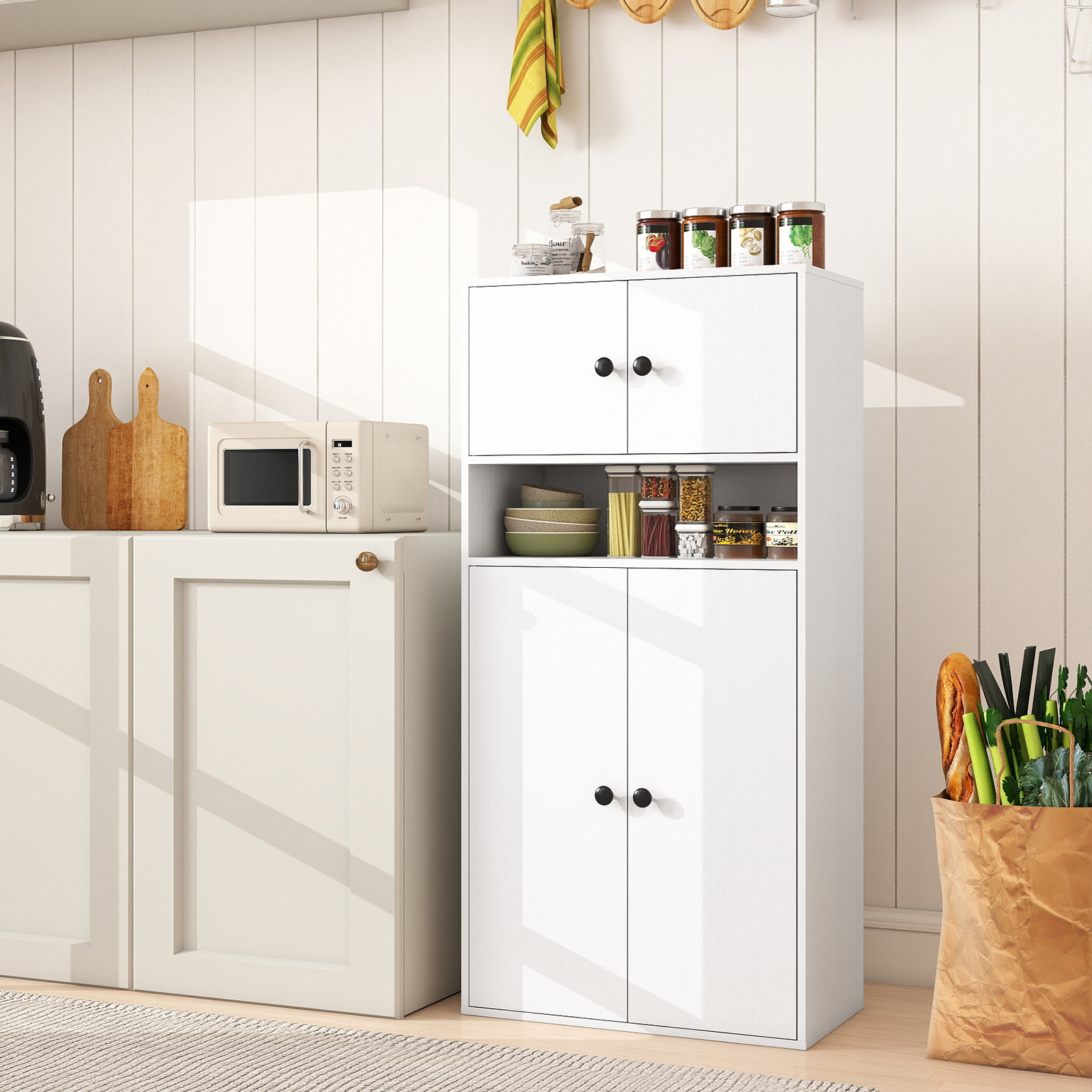 111 cm Hoher Bücherschrank mit 4 Türen 4-stöckiger Aufbewahrungsorganizer mit Verstellbarem Regal Weiß