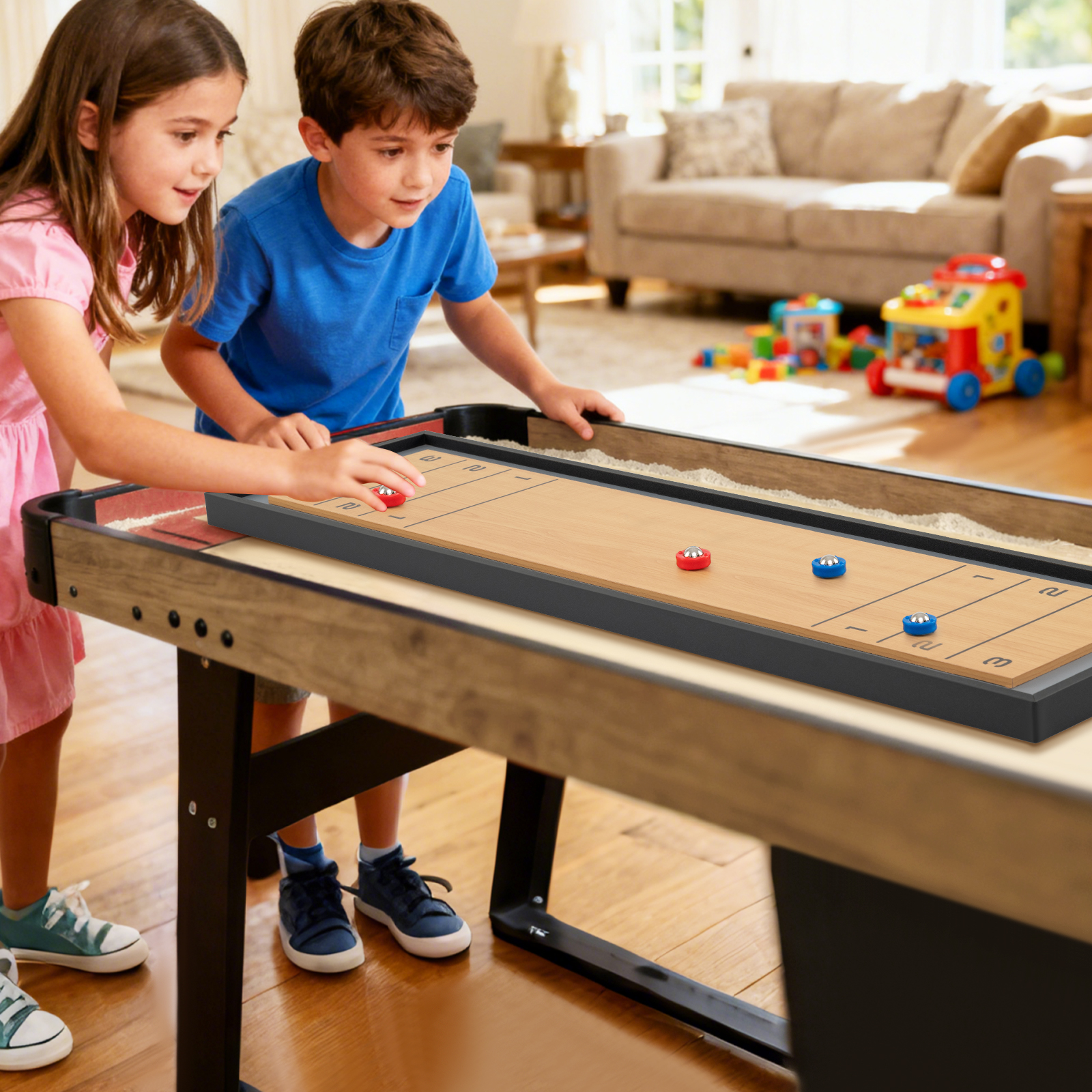 114 CM Tisch-Shuffleboard & Curling 2-in-1 Brettspiel mit 8 Scheiben tragbares Holz Mehrfarbig