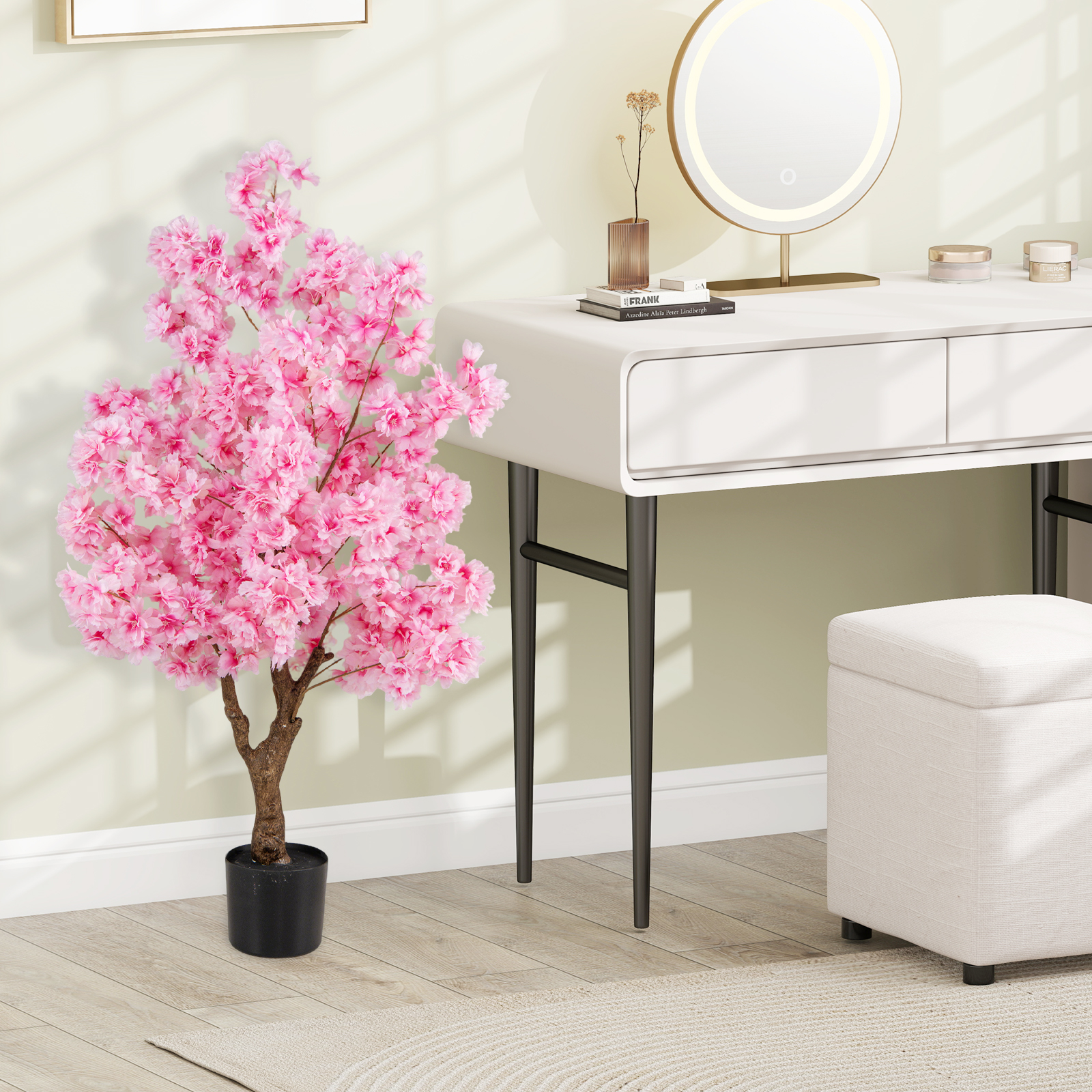 120 cm Künstlicher Kirschblütenbaum Faux blühender Blumenbaum mit Rosa Blüten mehrzweig PE-Stamm