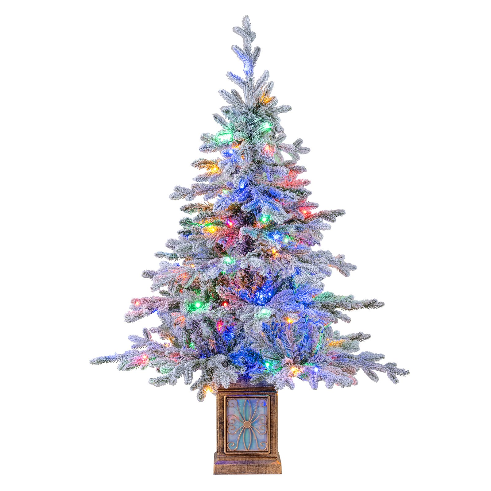 120 cm Künstlicher Weihnachtsbaum im Topf mit 100 Mehrfarbige & Warmweiße Dimmbare Lichter & Schnee