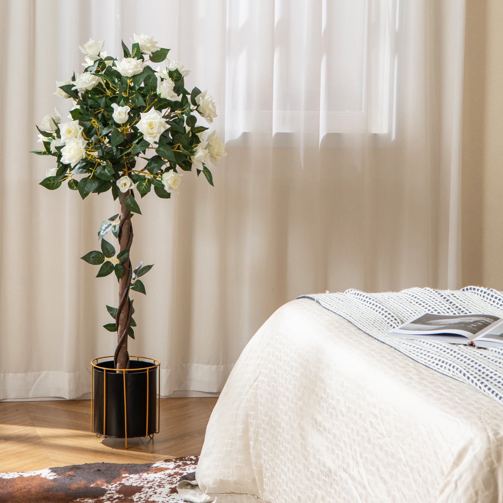 120 cm Rosenbaum mit Weißen Rosen Kunstbaum mit Blüten Künstlicher Blumenbaum