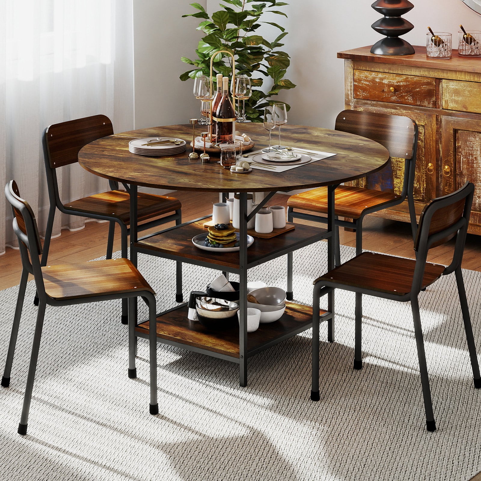 120 cm Runder Esstisch für 4-6 Personen mit 2-lagigem Ablagefach & Metallgestell Küchentisch Braun