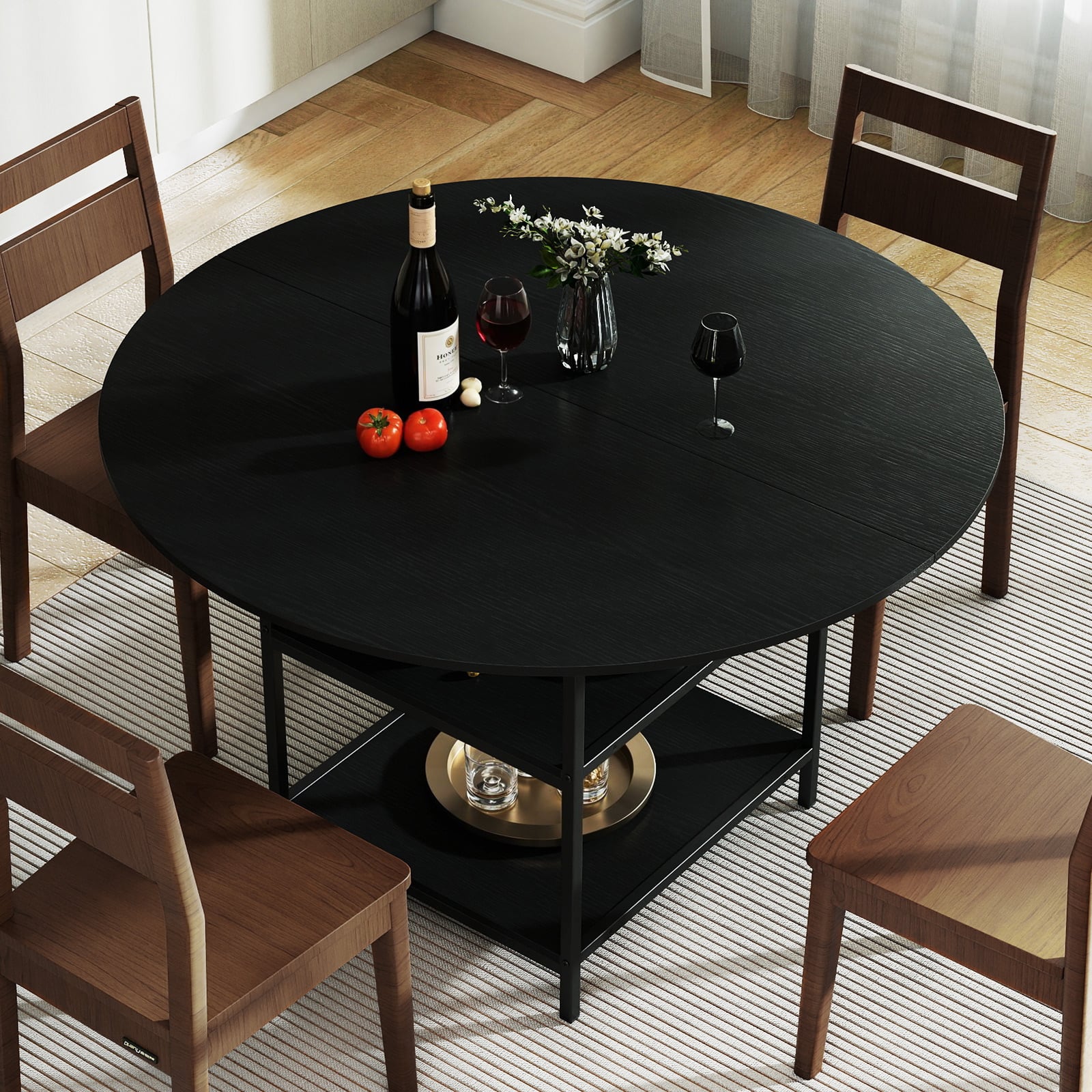 120 cm Runder Esstisch für 4-6 Personen mit 2-lagigem Ablagefach & Metallgestell Küchentisch Schwarz