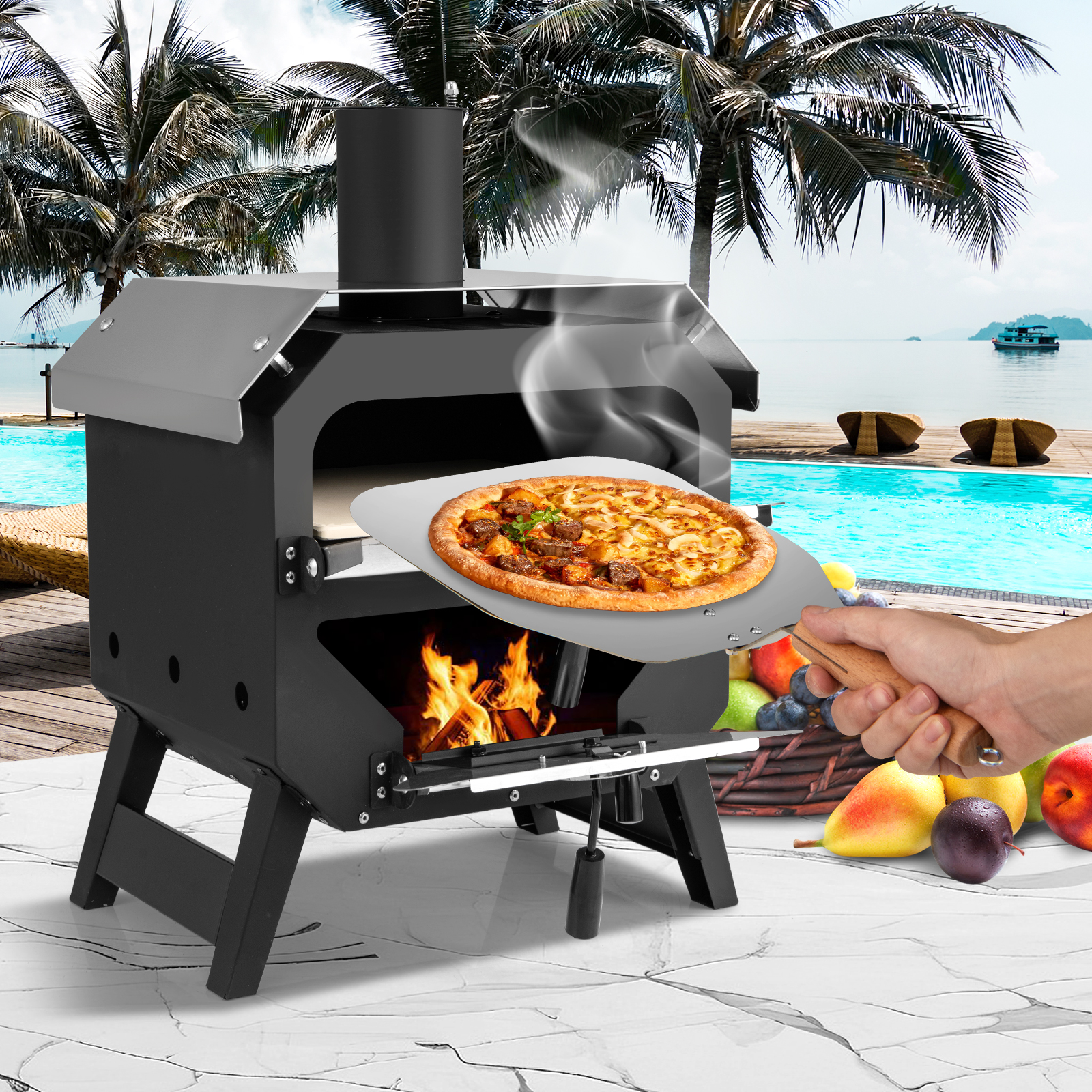 12' Outdoor-Pizzaofen tragbarer Holzofen mit Pizzastein Pizzaschieber & Oxford-Stoffabdeckung Schwarz