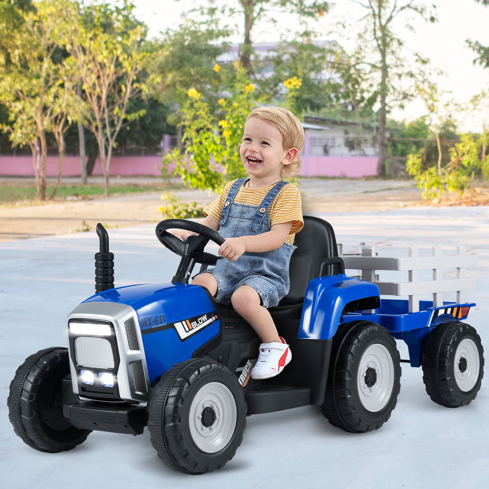 12V 3-Gang Traktor mit Abnehmbarem Anhänger & 2,4G Fernbedienung Kinder Aufsitztraktor Blau