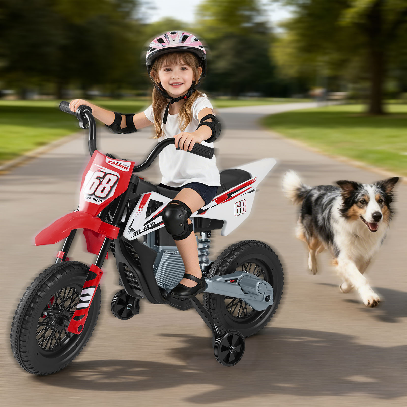 12V Elektro Kindermotorrad Elektromotorrad für Kinder mit abnehmbaren Stützrädern & Federung Elektro Motorrad Rot