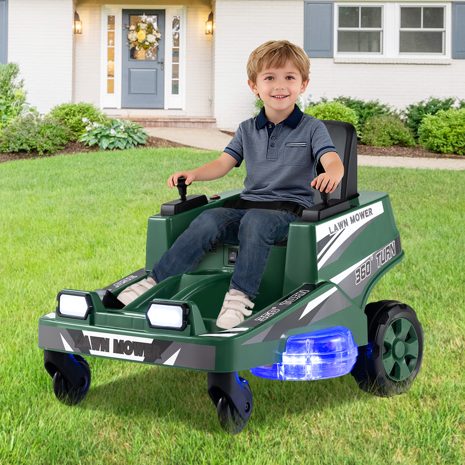 12V Rasenmäher mit Doppelten Steuerhebeln & LED-Lichter & Dreh- und Wende-Funktion Grün