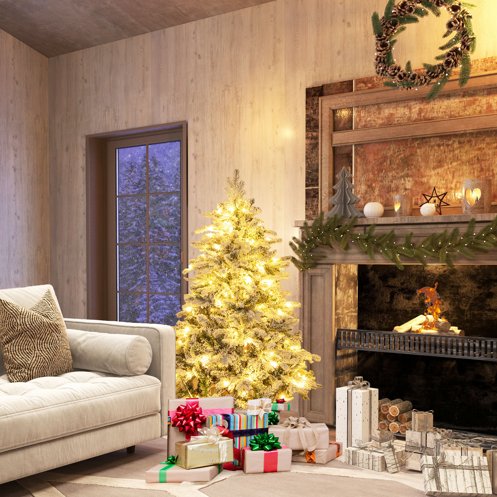 135 cm Künstlicher Weihnachtsbaum mit Beleuchtung und Schnee Tannenbaum mit 120 warmweißen LED-Lichtern