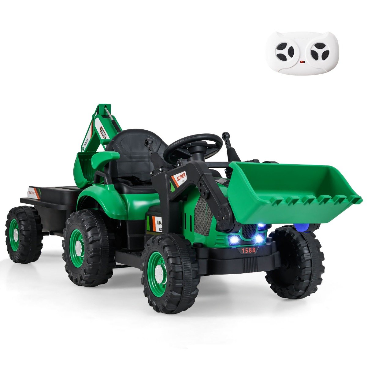 Elektro Traktor mit Anhänger & Schaufel & Fernbedienung 12V Aufsitztraktor Sitzbagger Grün