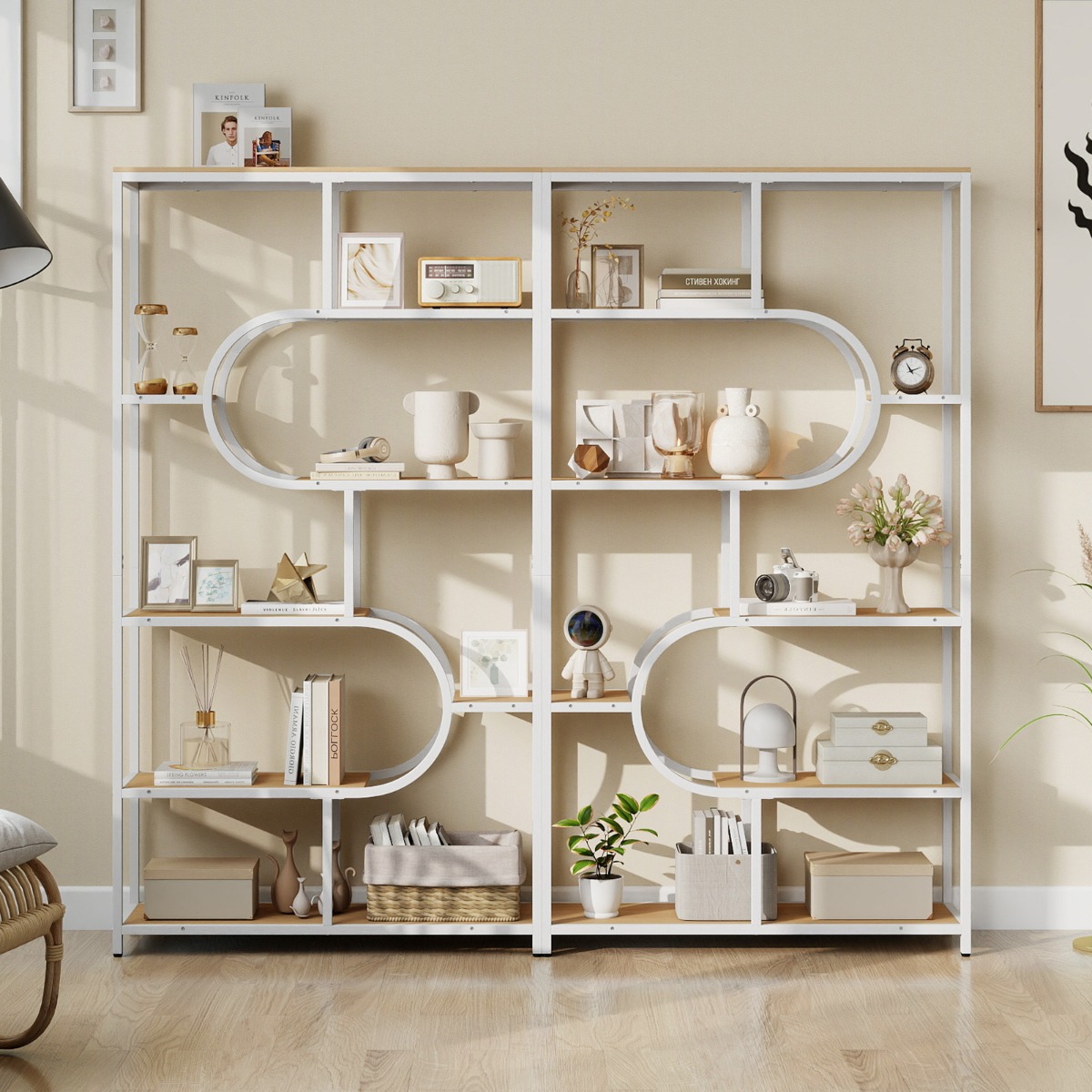 5-stöckiges Bücherregal mit Offenen Regalen Standregal Display Regal Natur & Weiß