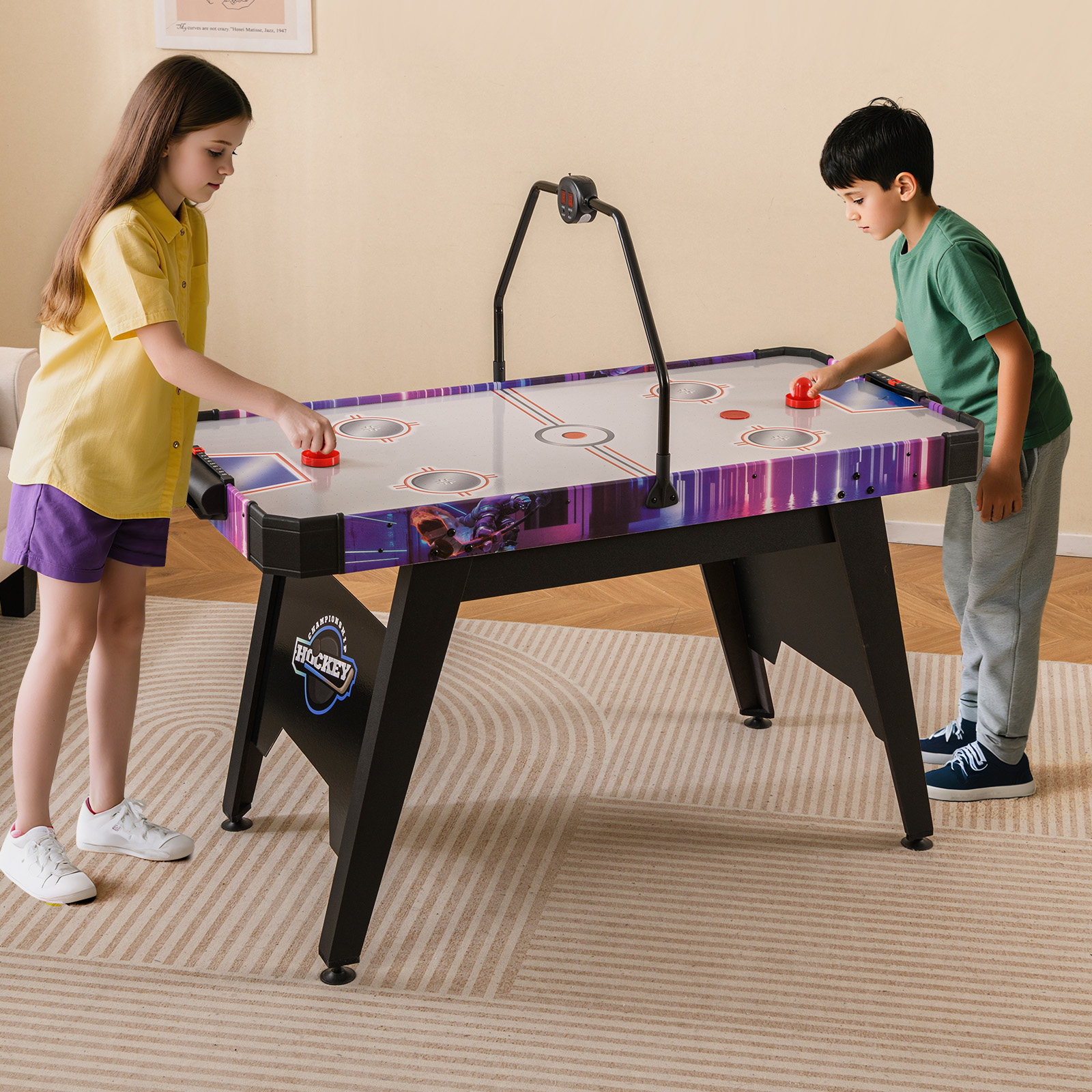 144 cm Airhockey-Tisch Airhockey-Arcade-Spieltisch mit leistungsstarkem 12V Motor und LED-Digitalanzeige Schwarz