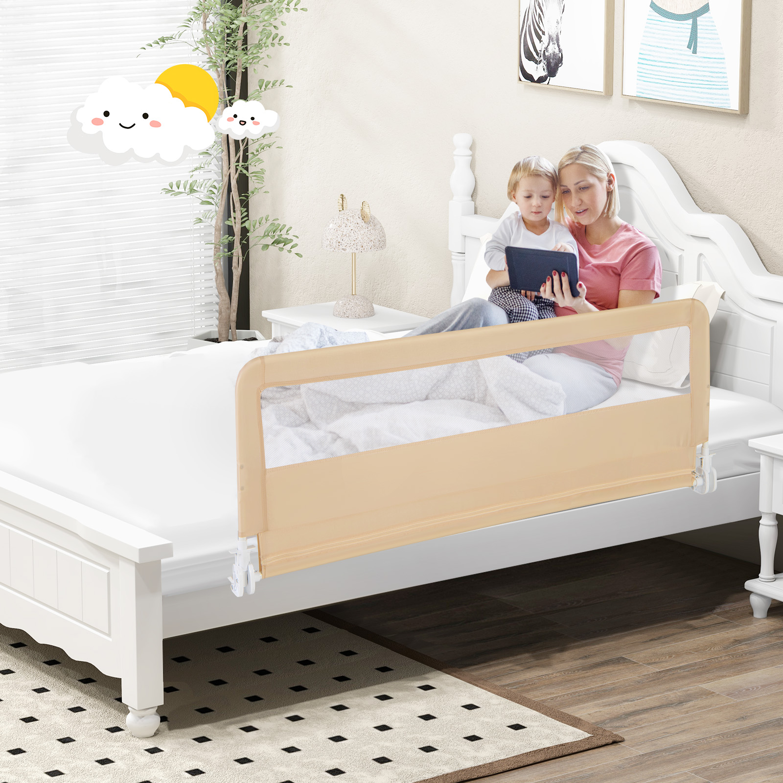 150 cm Lange Bettgitter für Kleinkinder faltbares Baby-Bettgitter mit abnehmbarem Bezug atmungsaktives Netz Beige