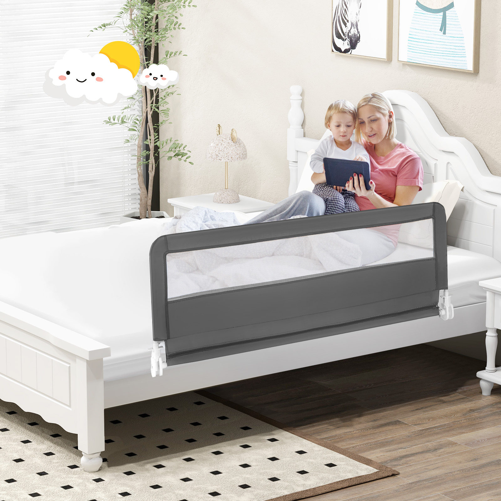 150 cm Lange Bettgitter für Kleinkinder faltbares Baby-Bettgitter mit abnehmbarem Bezug Grau