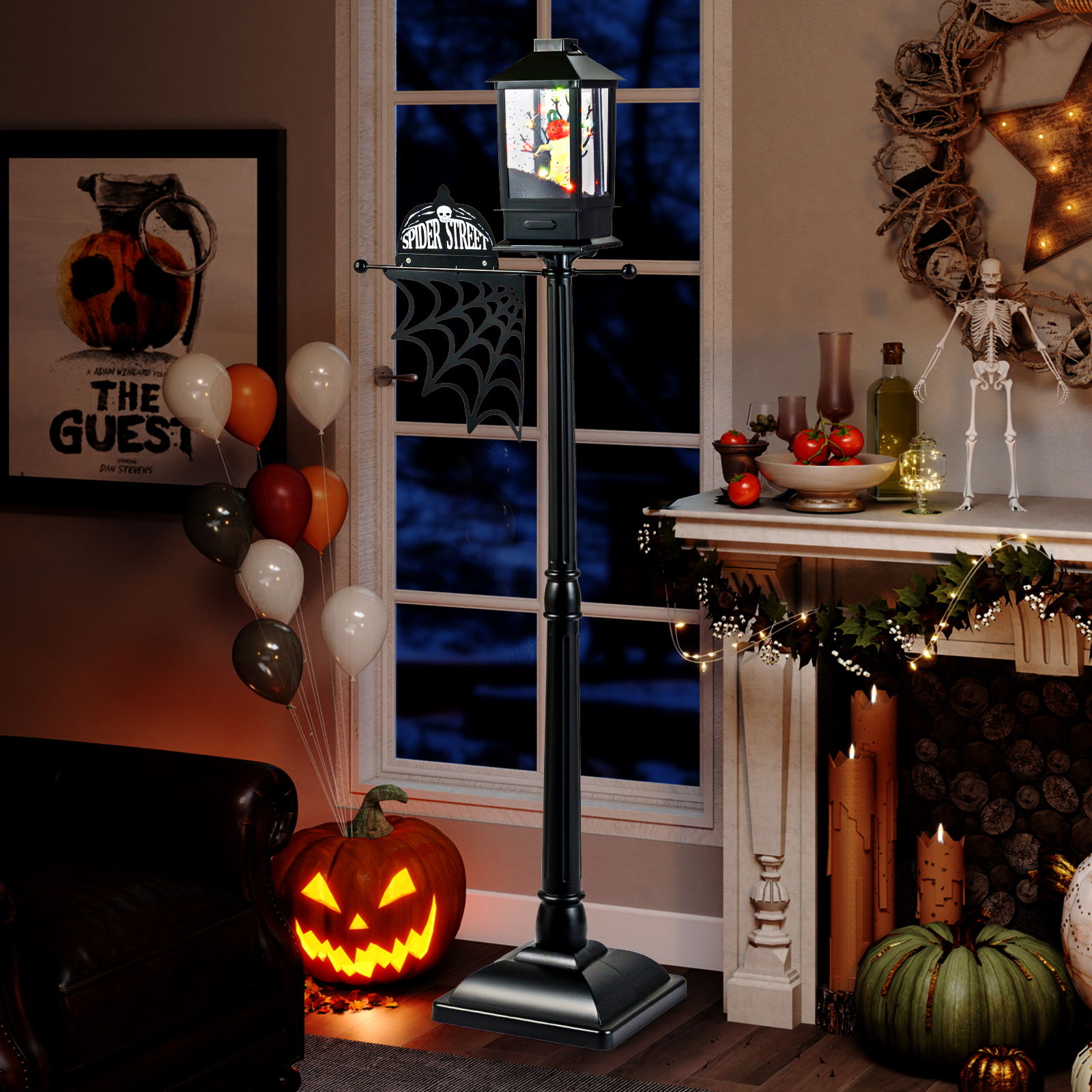 155 cm Halloween Deko Straßenlampe mit 6-farbigen LED-Leuchten & Musik & Schwarzem Schneeeffekt