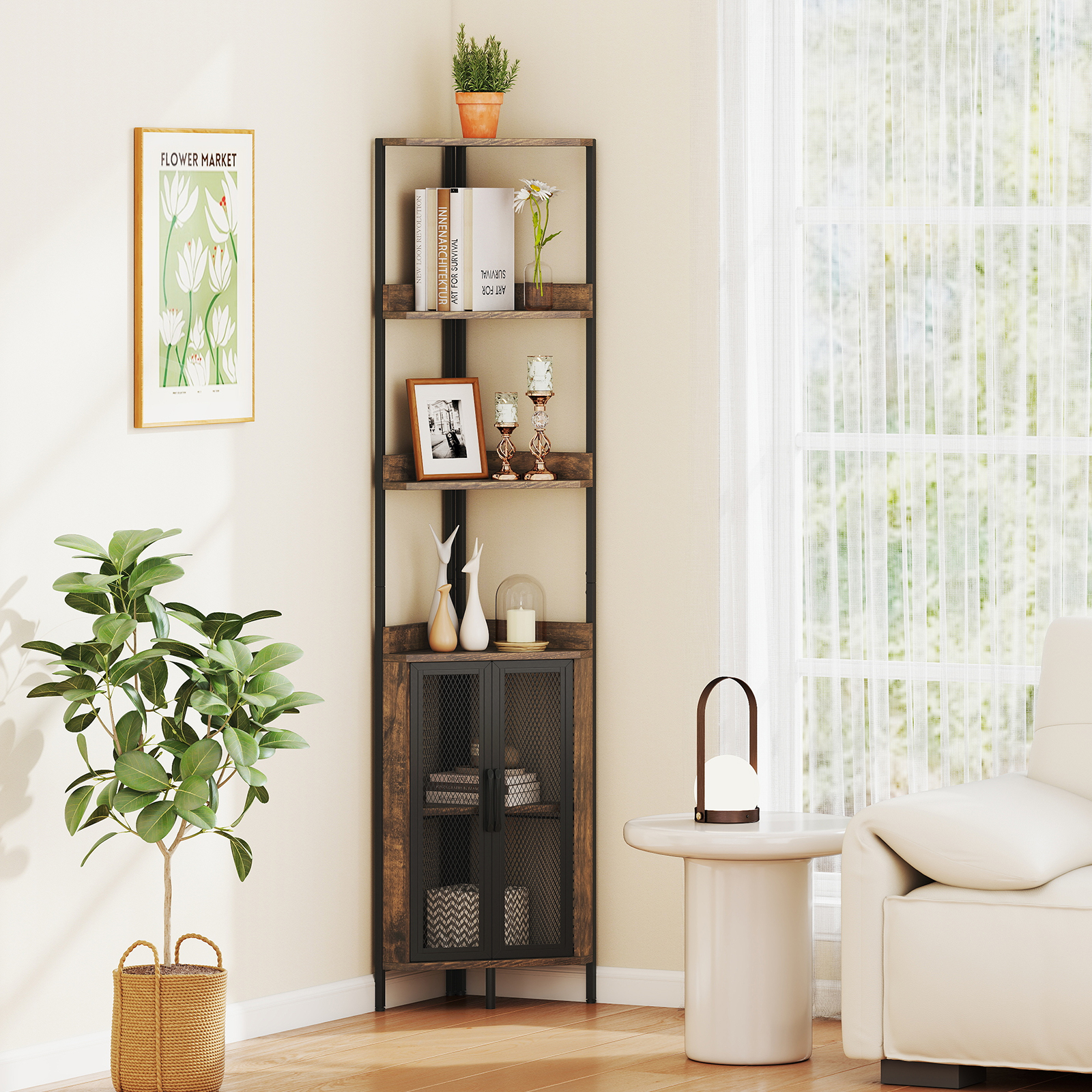 170 cm Hoh Eckregal mit Schrank & Türen & Metallrahmen Freistehendes Bücherregal Rustikal Braun