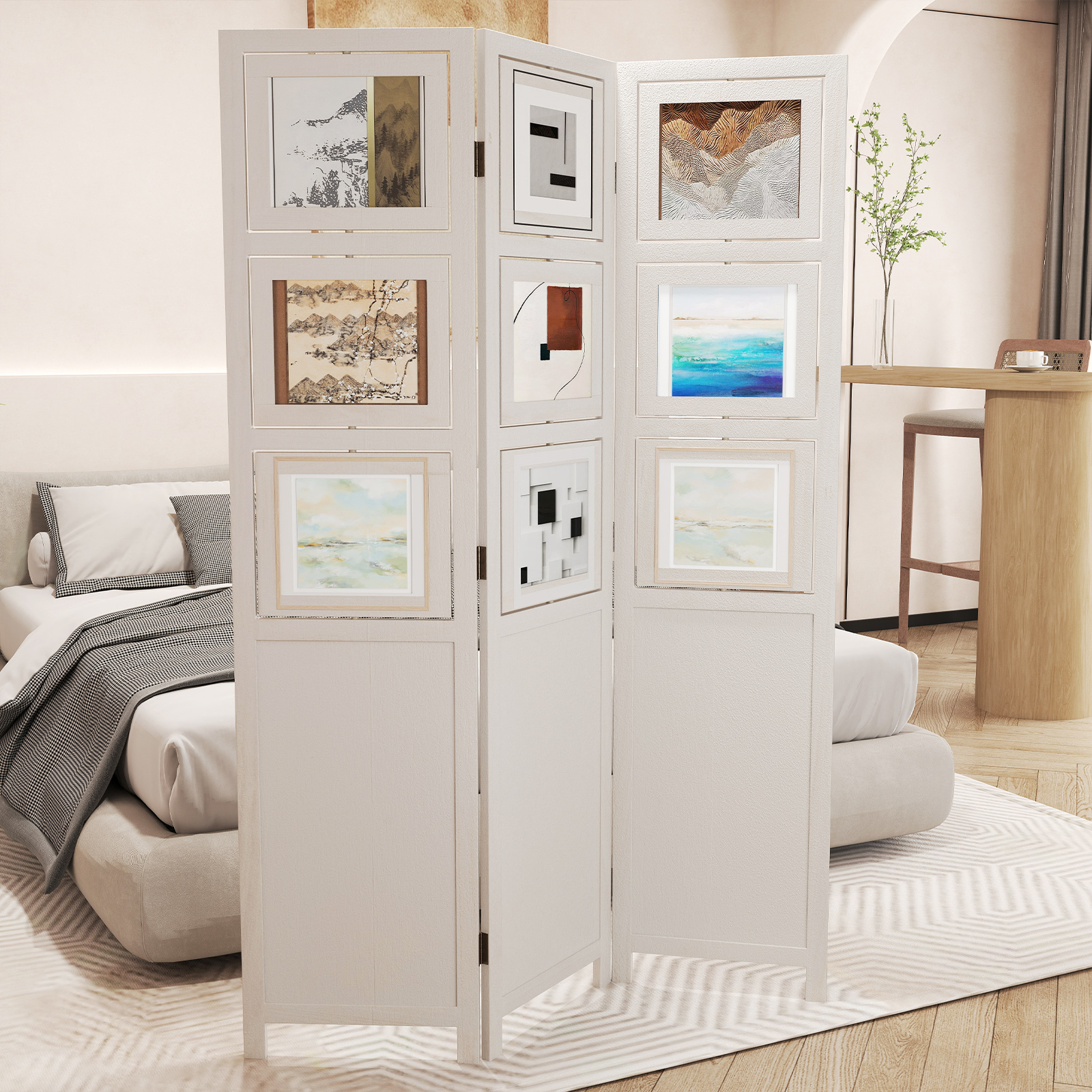 170 x 121 cm Paravent mit 360° Drehbare 9 Fotorahmen Raumteiler aus Paulowniaholz Weiß