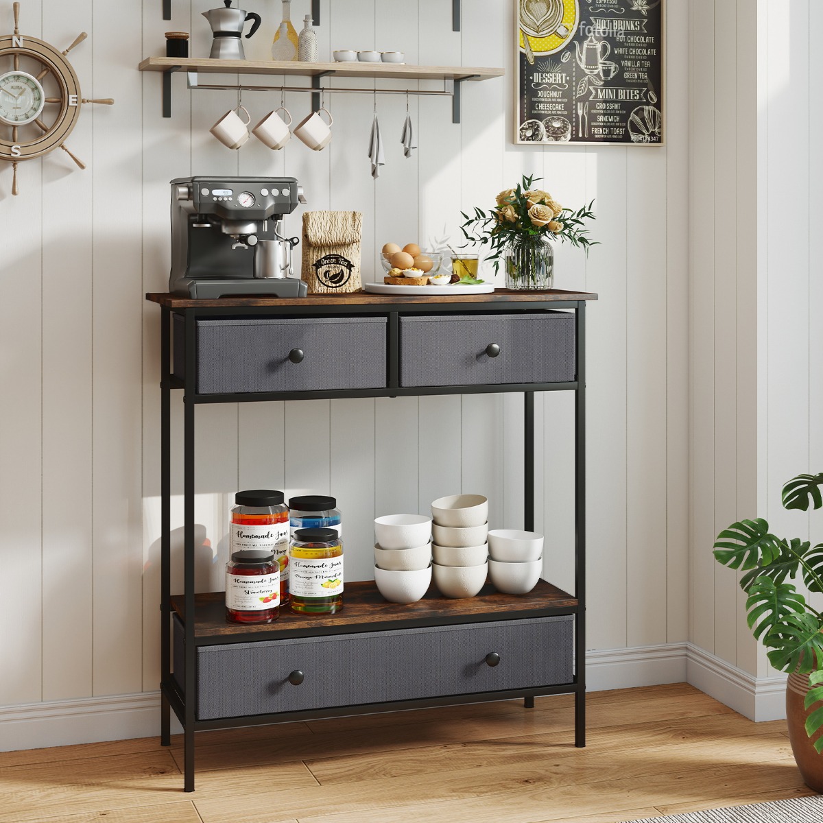 Konsolentisch mit Schubladen industrial Flurtisch mit offenem Ablagefach schmaler Couchtisch Sofatisch Rustikal Braun