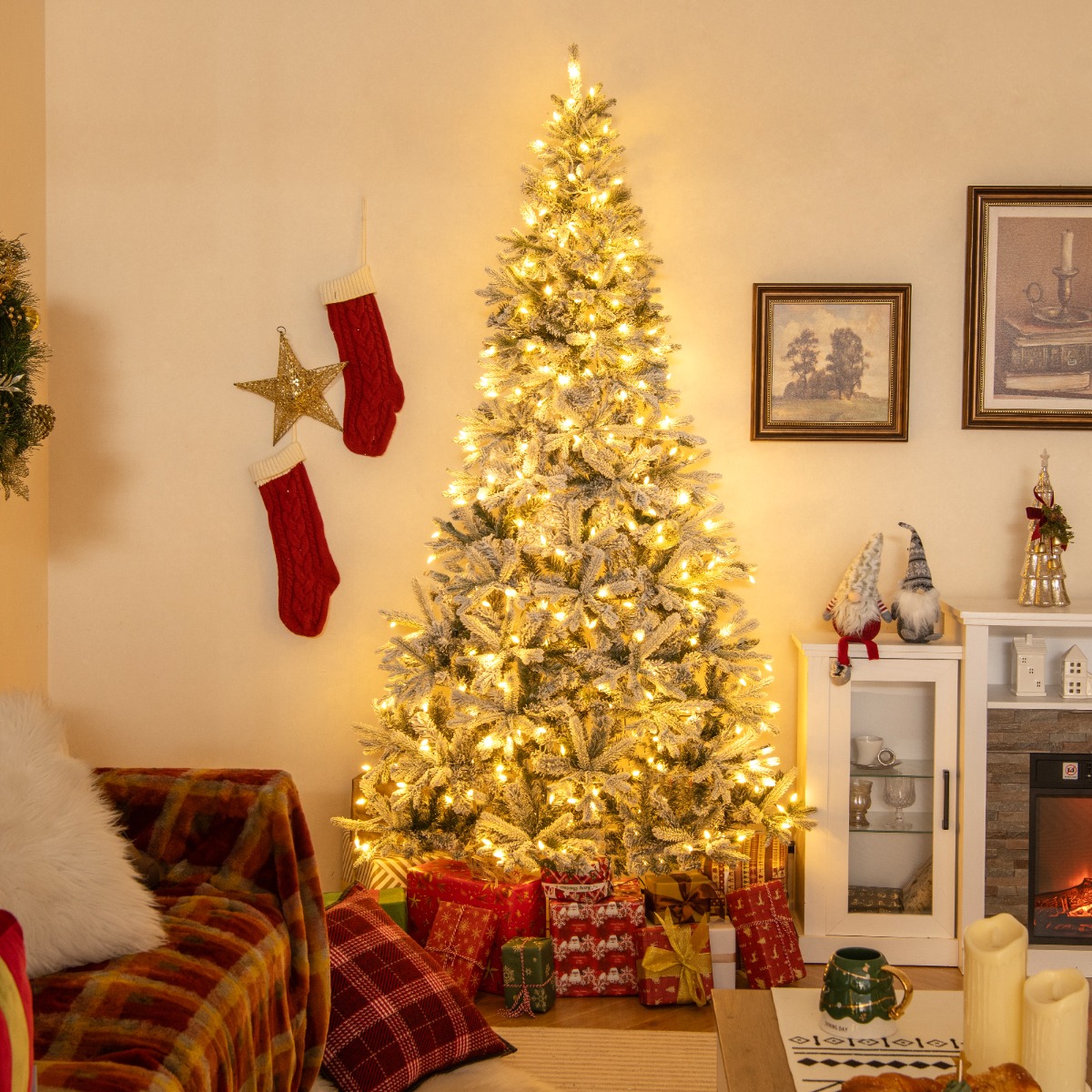 210 cm Halbkünstlicher Weihnachtsbaum Vorgeleuchtet Schnee-beflockter Weihnachtsbaum mit 852 Zweigspitzen