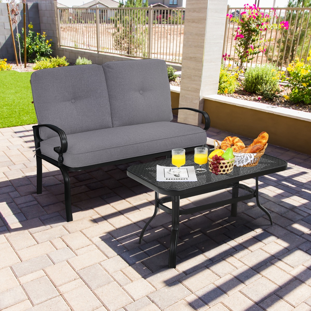 2-Sitzer Gartenbank mit Couchtisch Sitzbank mit Kissen Grau & Schwarz