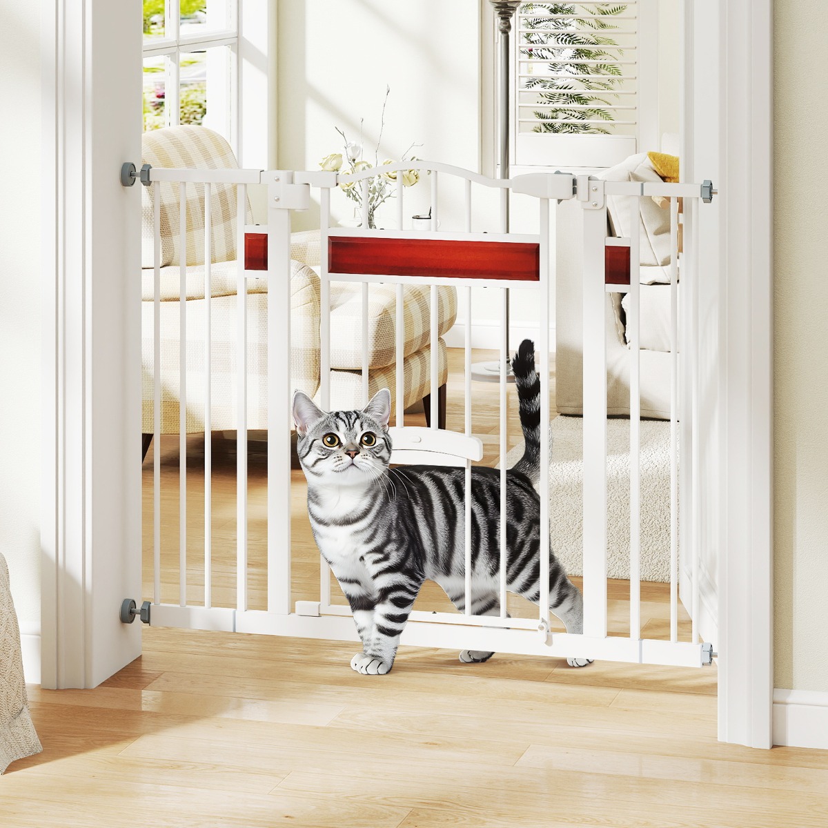 Hunde Türschutzgitter mit Kleiner Tür Metall Absperrgitter ohne Bohren Schutzgitter Weiß