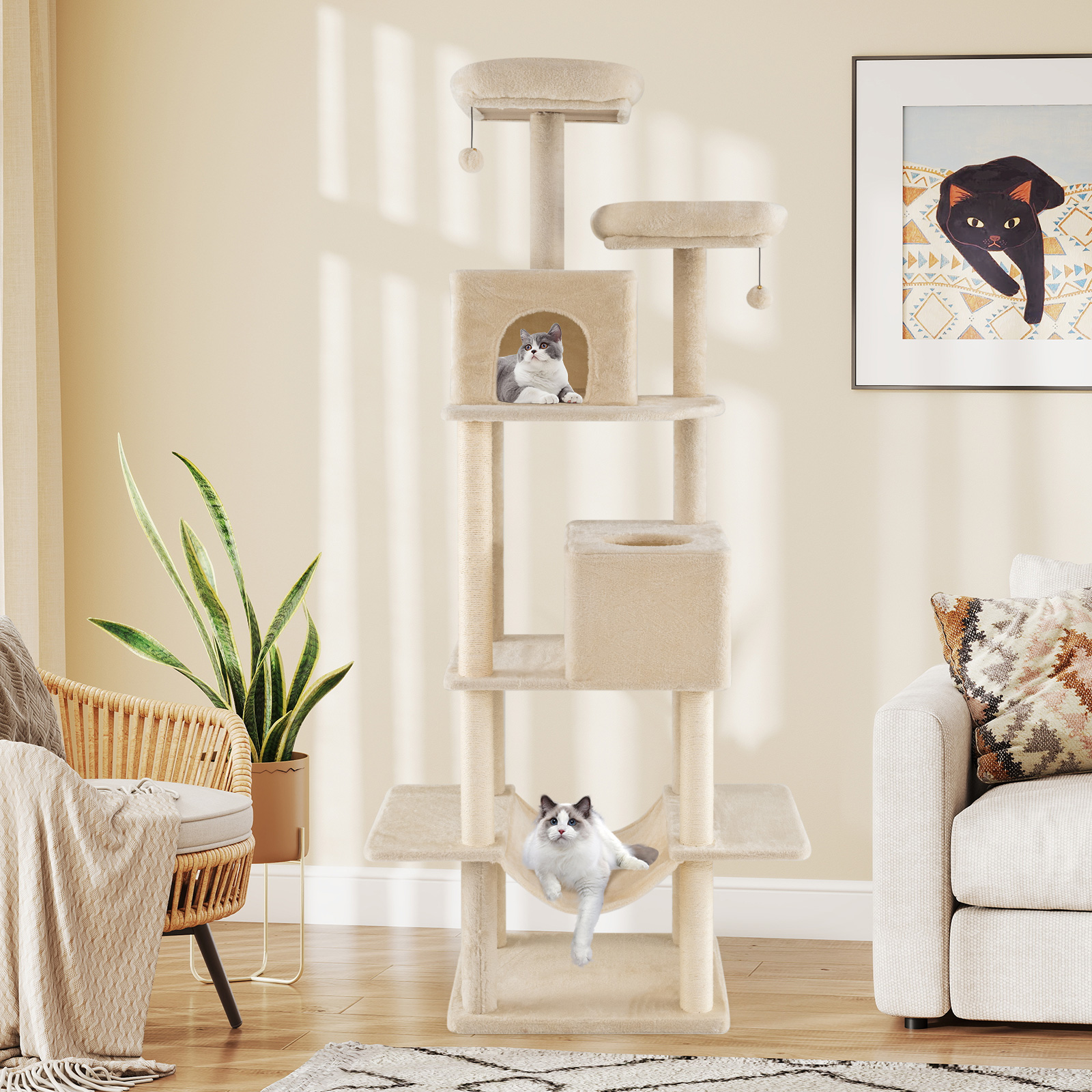 205cm Kratzbaum groß mehrstufiger Katzenbaum mit 2 Höhlen 2 Liegeflächen Sisal-Kratzpfosten Beige