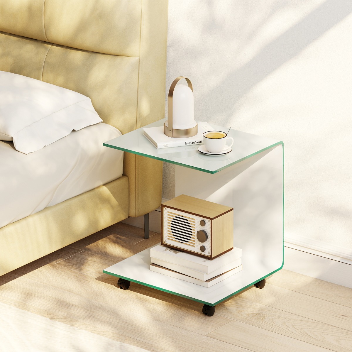 Beistelltisch aus Gehärtetem Glas mit Rollen C-Form Glastisch Nachttisch Sofatisch Kaffeetisch Weiß