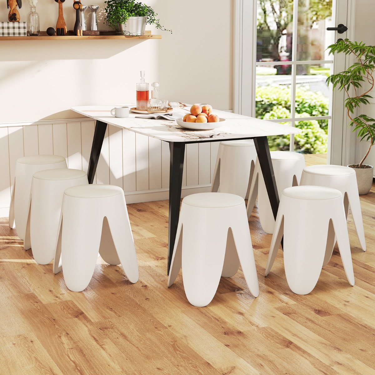 8er-Set stapelbare Hocker runde Sitzhocker aus Kunststoff tragbare Stühle mit Sitzkissen 45 x 45 x 46 cm Weiß