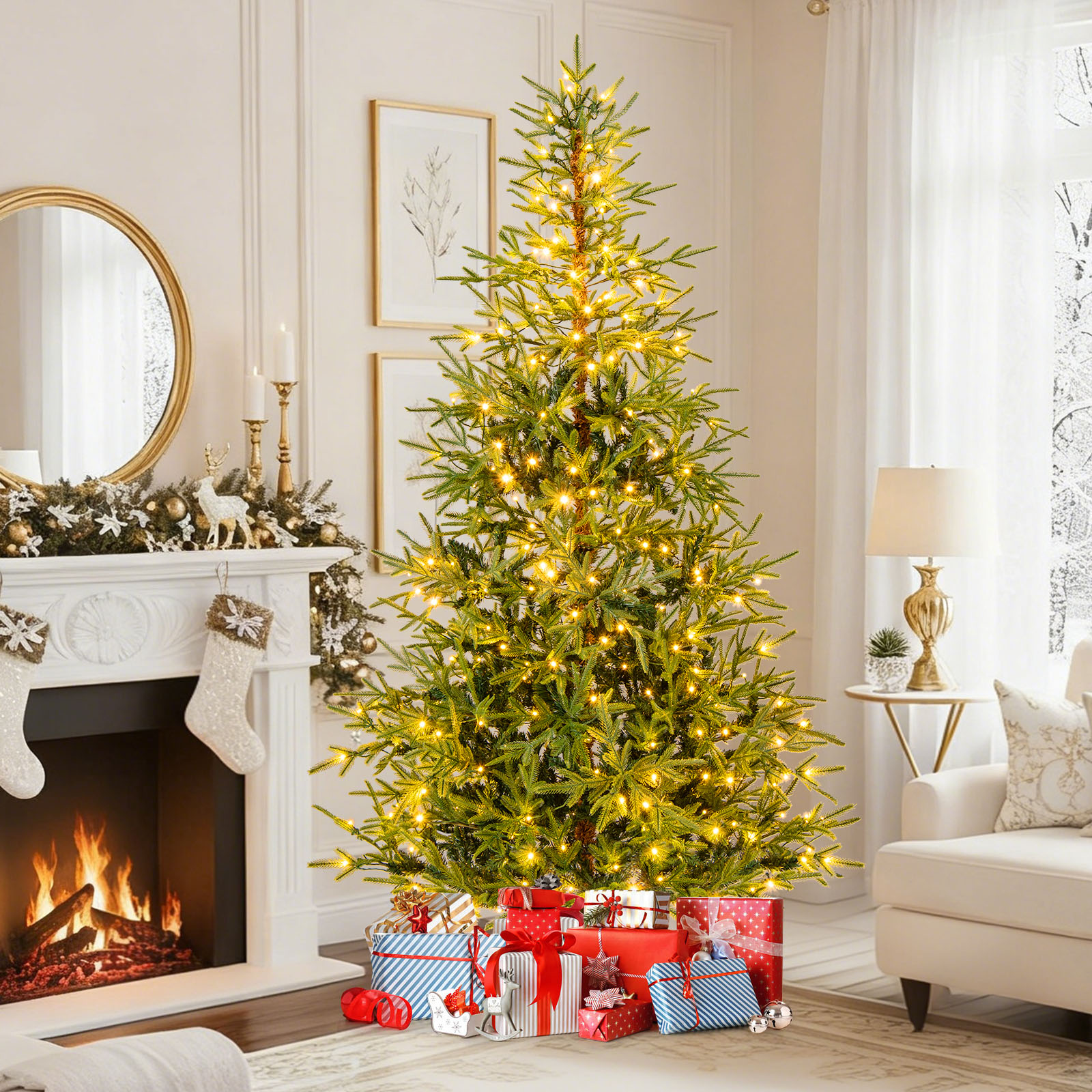 210 cm Künstlicher Weihnachtsbaum mit 250 Mehrfarbigen LED-Lichtern Christbaum Kunstbaum