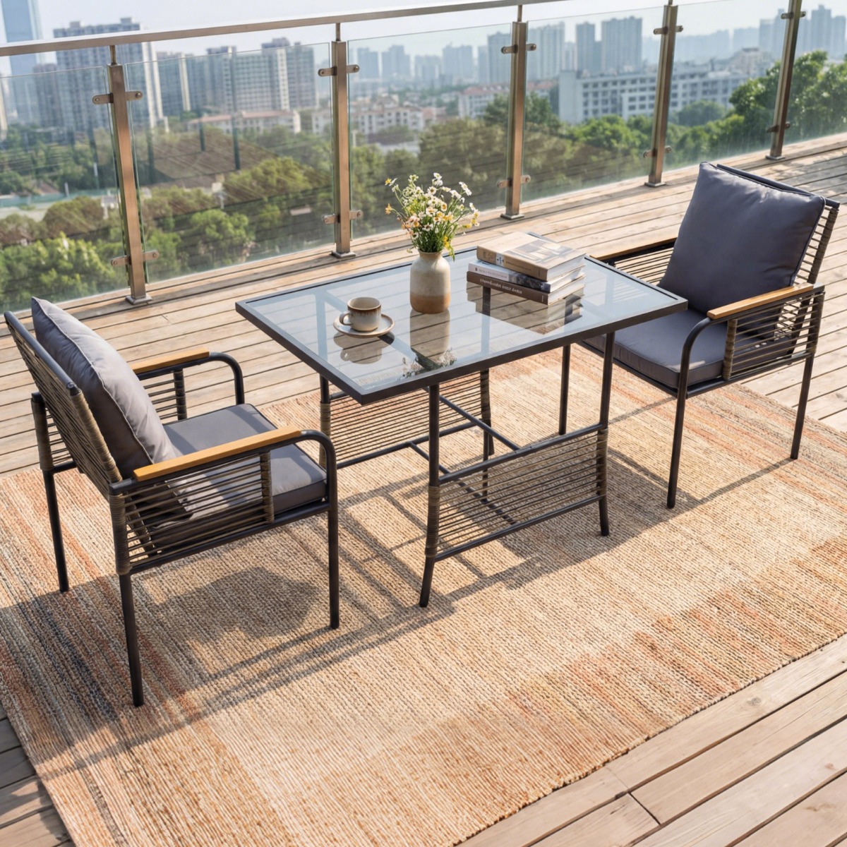 3-teiliges Garten-Lounge-Set aus Rattan platzsparendes Outdoor-Ess-Set mit Kissen rechteckiger Gartentisch Grau