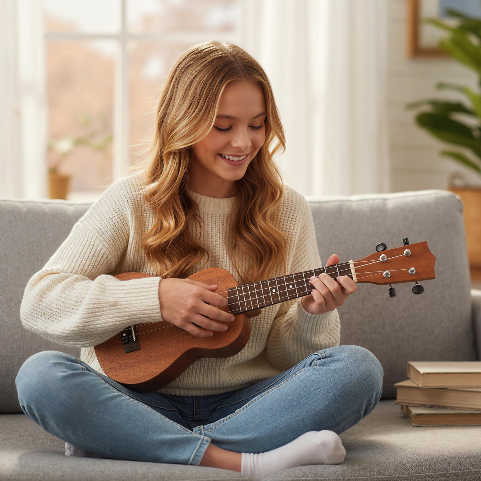 21 Zoll Ukulele Mahagoni Holz Ukulelen-Set mit Tragetasche Plektrum verstellbarem Gurt Natur