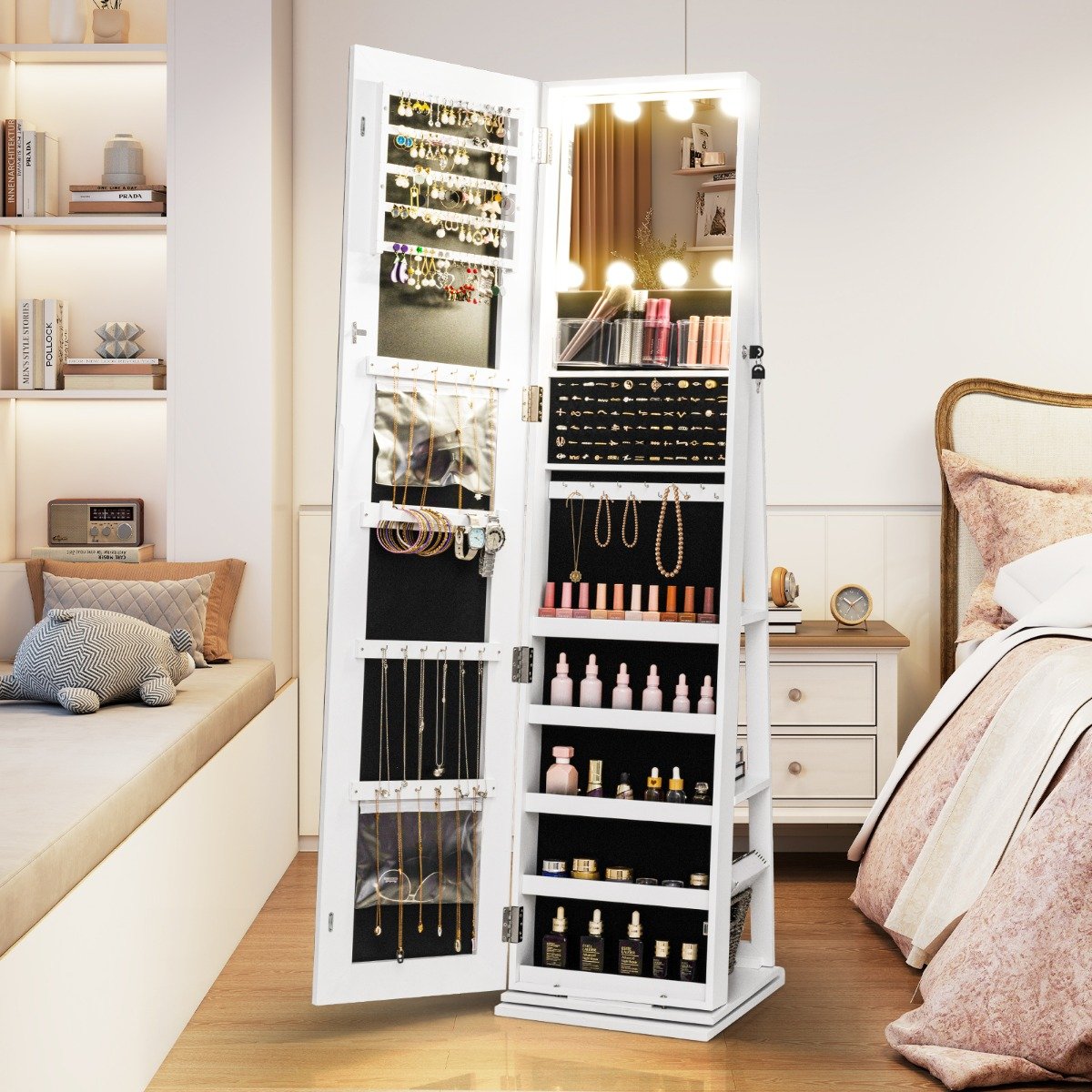 360° Drehbarer Schmuckschrank mit Beleuchtung & Spiegel Spiegelschrank Standspiegel Weiß