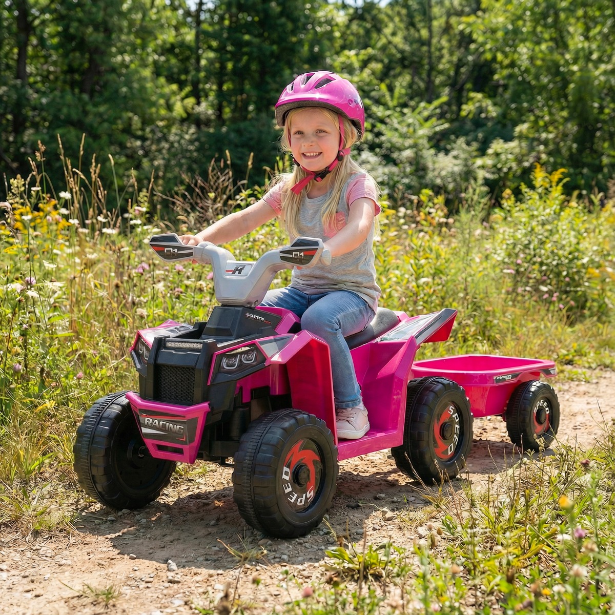 6V Kinder Elektrischer ATV mit Anhänger Elektrofahrzeug mit verschleißfesten Rädern Rosa