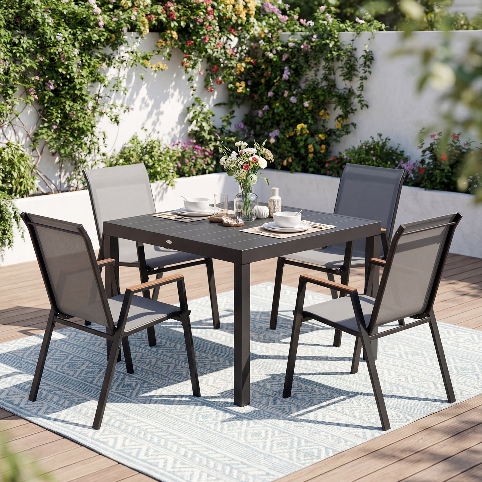 2/4er Set Gartenstühle Teslin Holz Armlehnen Metallgestell Bis 180kg Für Balkon Terrasse Garten Grau