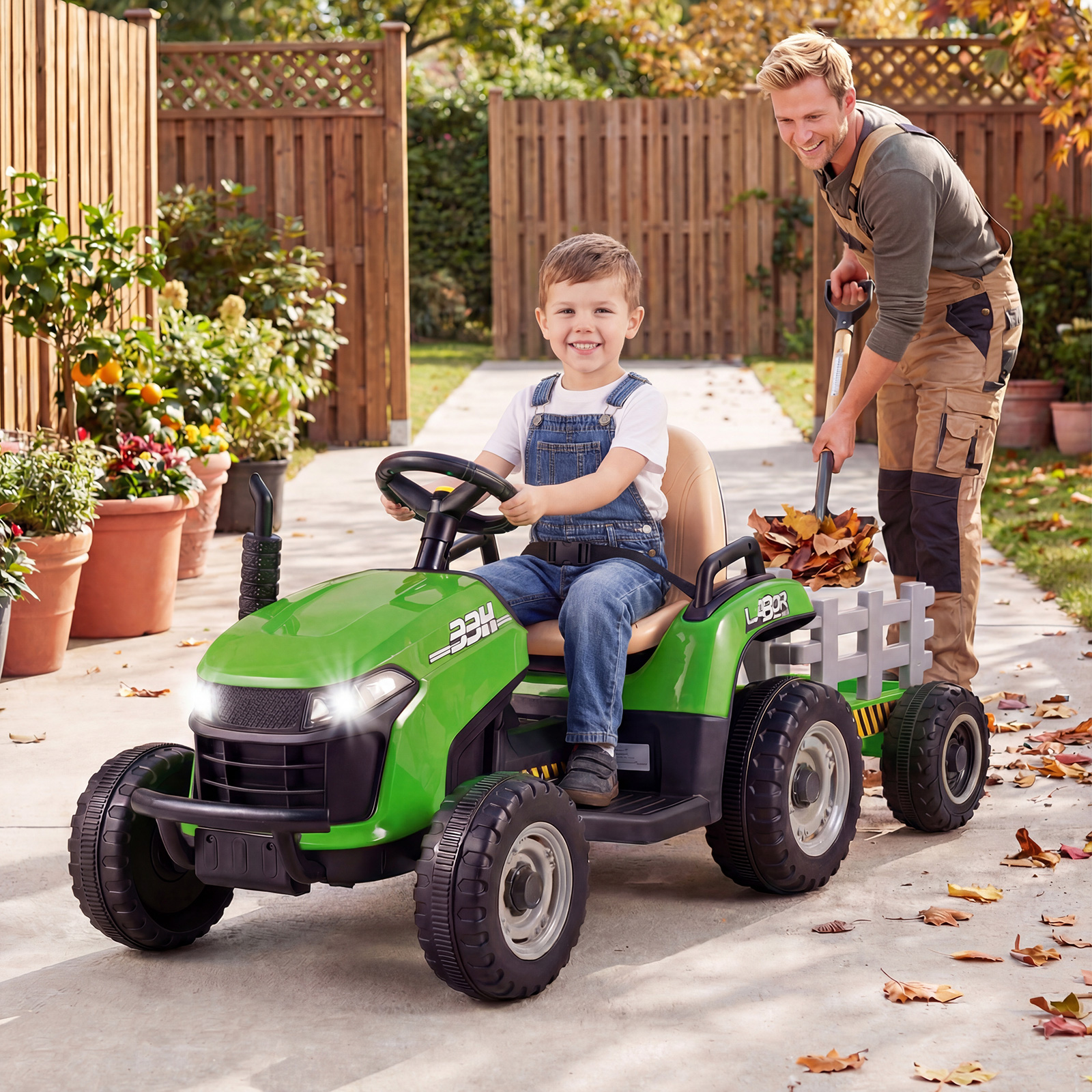 24V Elektro Traktor mit Anhänger & 2,4G Fernbedienung & Hupe Kindertraktor Elektrotraktor Grün