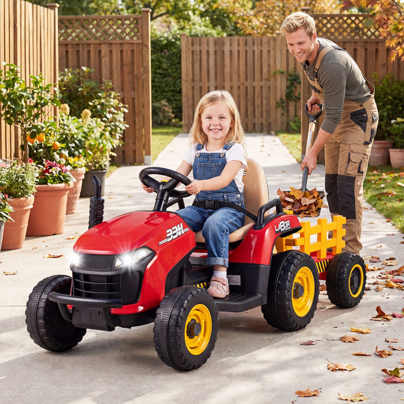 24V Elektro Traktor mit Anhänger & 2,4G Fernbedienung & Hupe Kindertraktor Elektrotraktor Rot