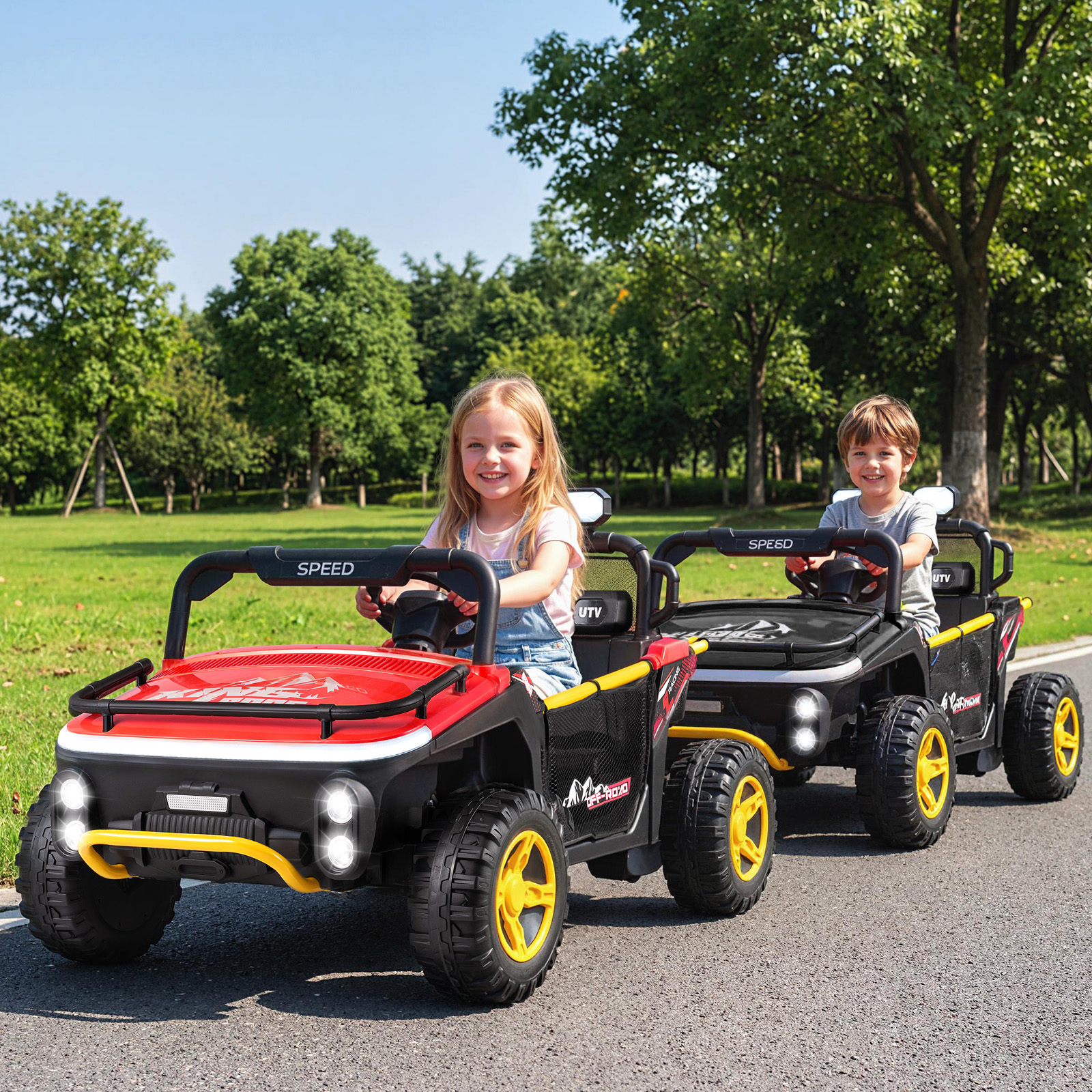 24V Kinder Elektrofahrzeug 2-Sitzer Elektroauto mit Hupe Musik & Licht Kinderfahrzeug mit Fernbedienung Rot