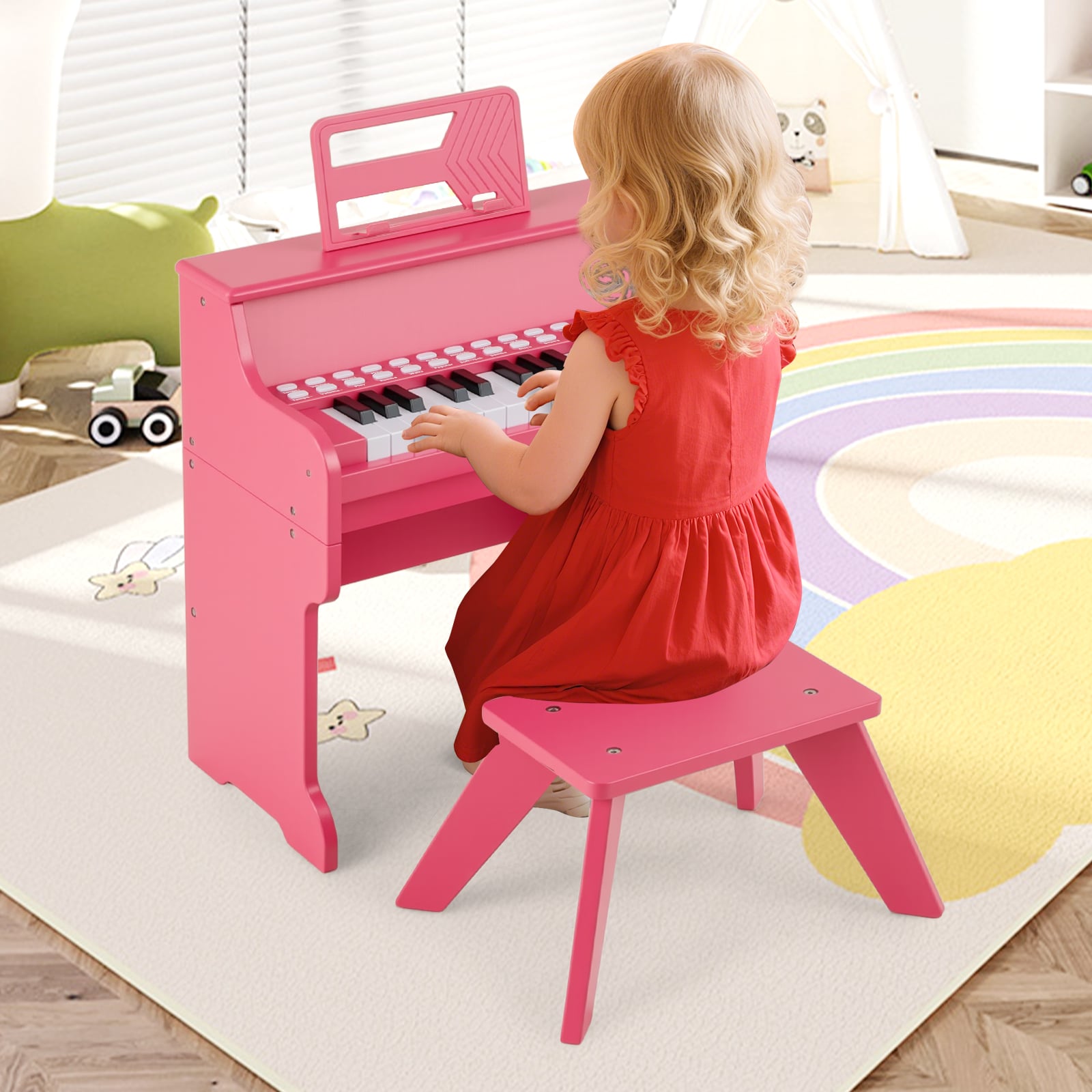 25 Tasten Mini Digitalpiano mit Hocker Kinder Klavier mit Einstellbarer Geschwindigkeit Rosa