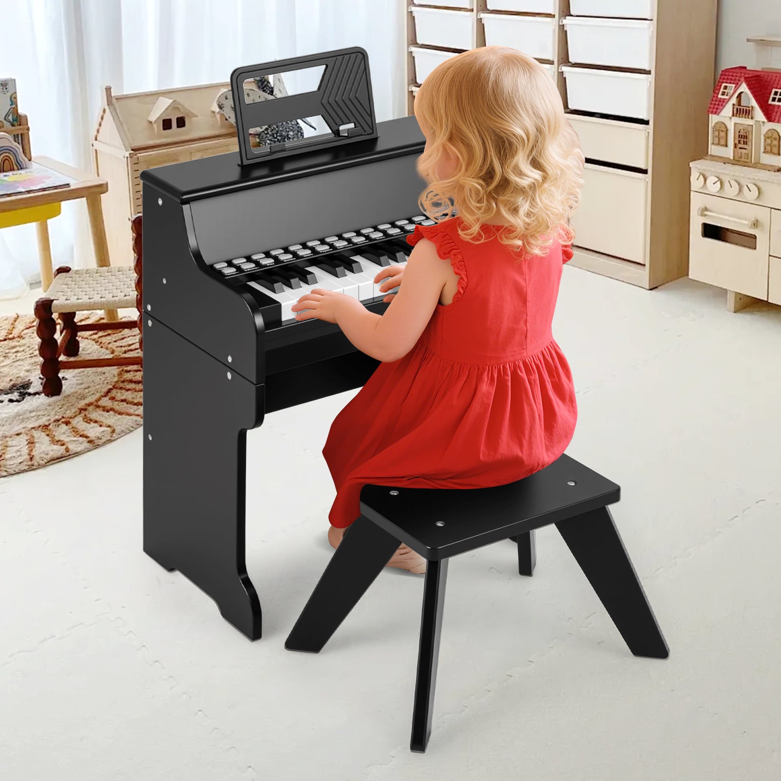 25 Tasten Mini Digitalpiano mit Hocker Kinder Klavier mit Einstellbarer Geschwindigkeit Schwarz