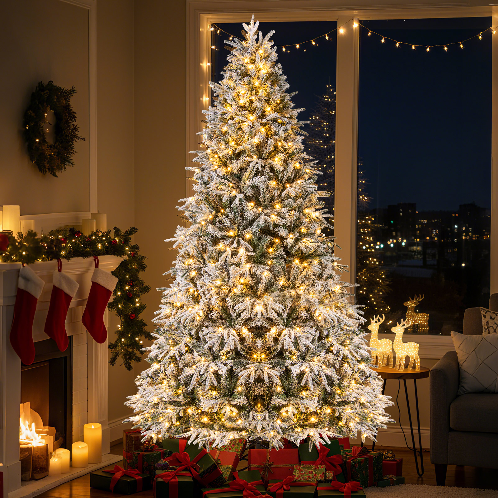 270 cm Weihnachtsbaum künstlich mit Beleuchtung und Schnee dichter LED Tannenbaum Christbaum