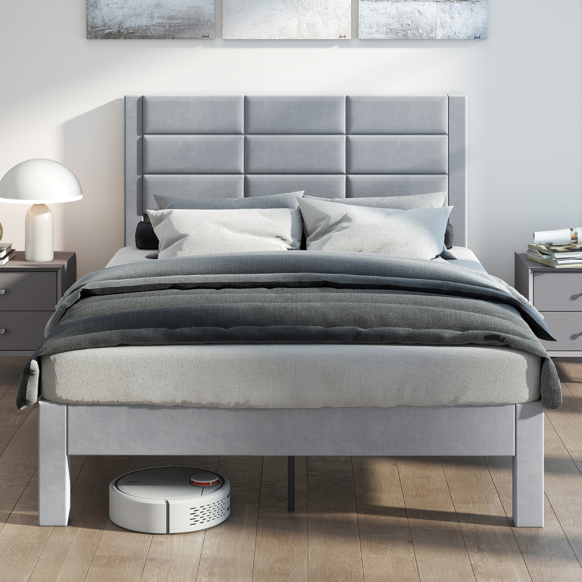 Bettgestell für 200 x 140 cm Matratze Samtstoff Gepolstertes Doppelbettgestell Plattformbett Grau