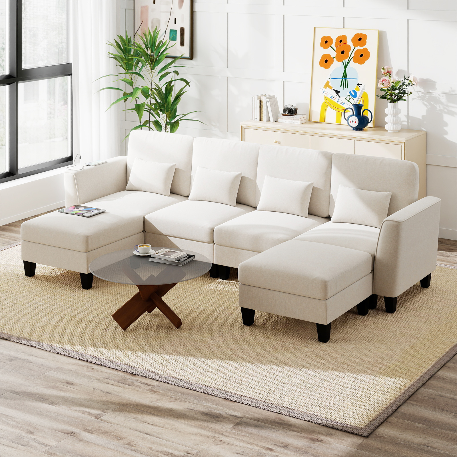 280 cm Ecksofa mit 2 Ottomane U-förmiges modulares Sofa mit USB- & Type-C-Ladeanschlüssen 4-Sitzer Sofa-Set Beige