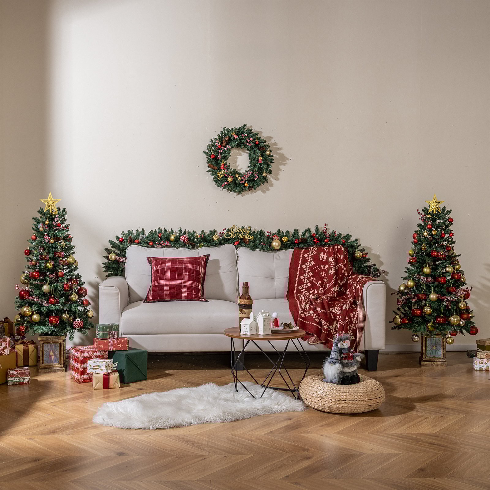 2er Set 120 cm Mini Künstlicher Weihnachtsbaum im Topf mit Weihnachtsgirlande & -kranz