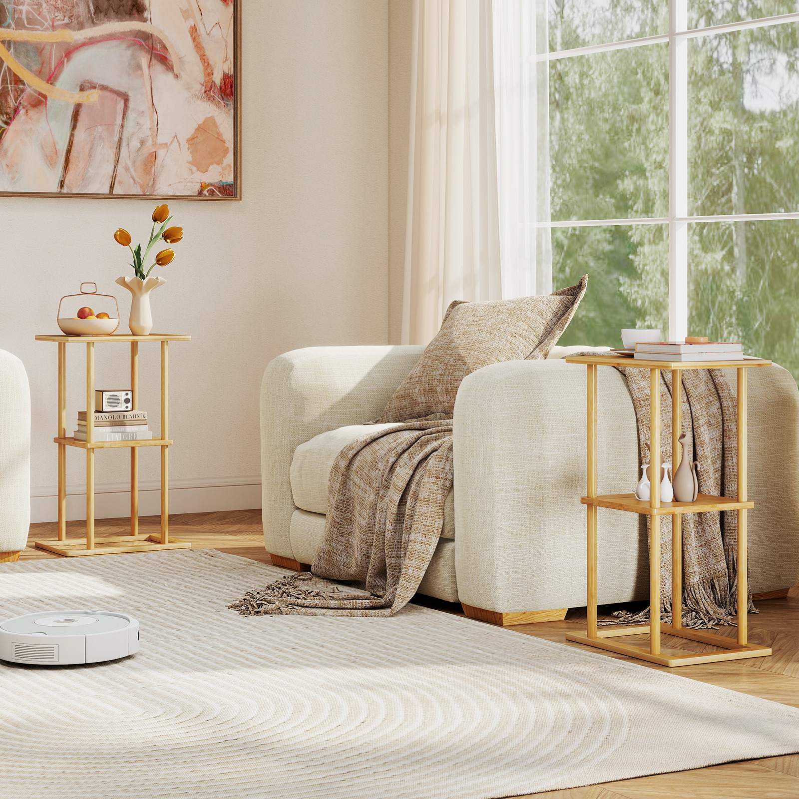 2er Set Bambus Beistelltisch mit Aufbewahrungsregalen Rechteckiger Sofatisch Couchtisch Natur