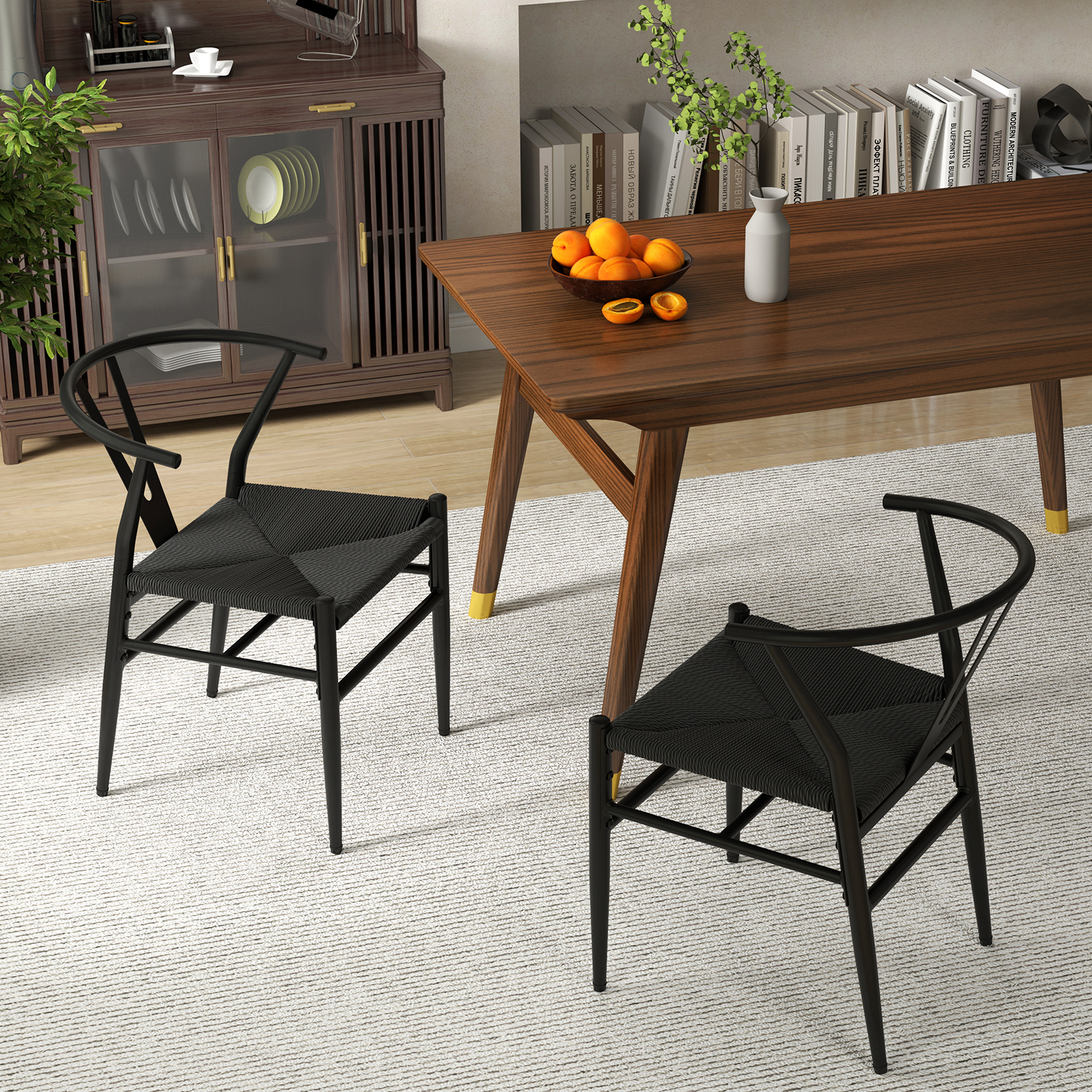 2er Set Esszimmerstühle Küchenstühle mit Y-förmiger Rückenlehne & geflochtenes Rattan-Sitzkissen Akzentstühle stapelbar Schwarz